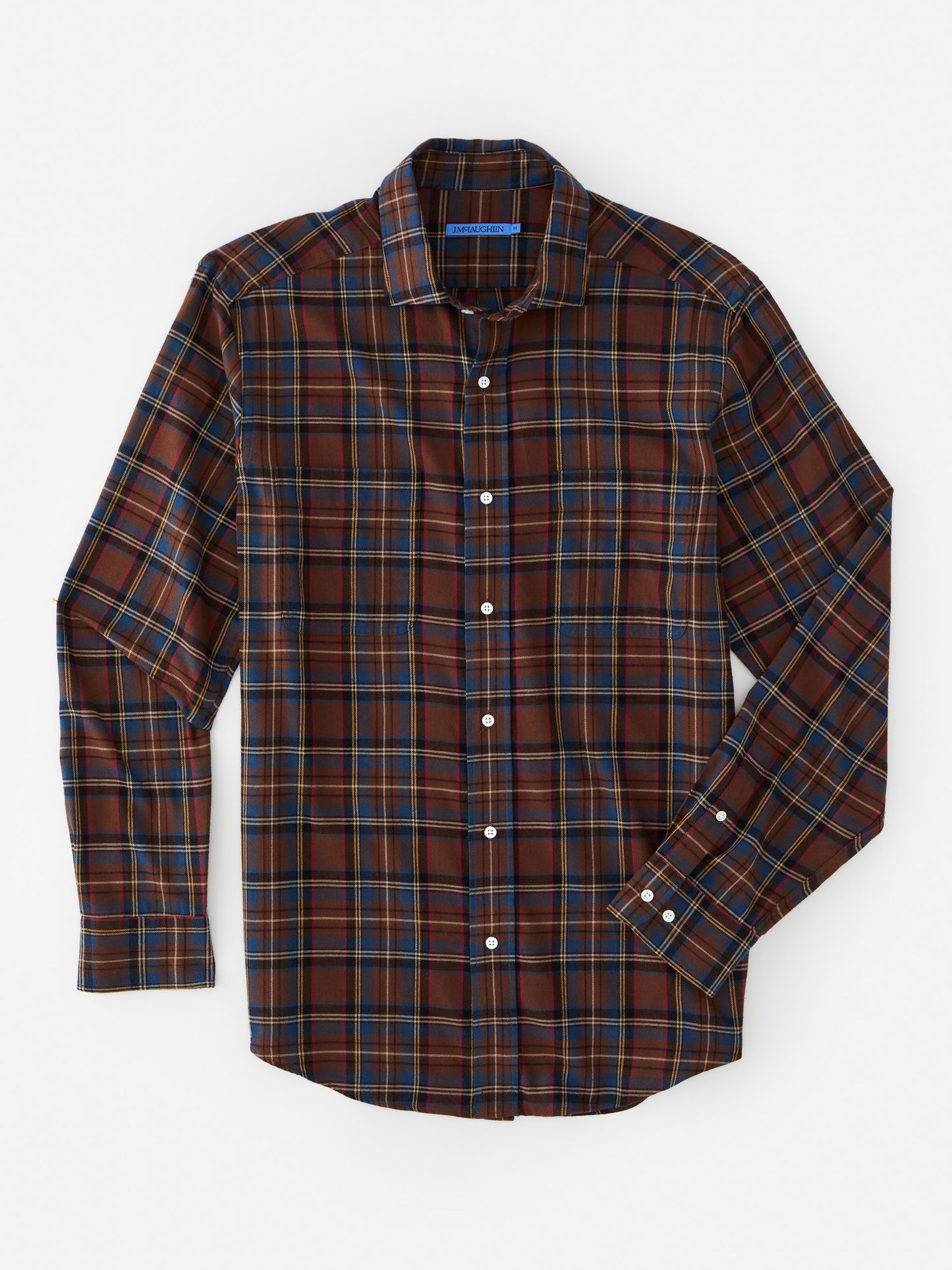 J.McLaughlin Glenmere shirt in brown/red/gold/blue made with cotton.