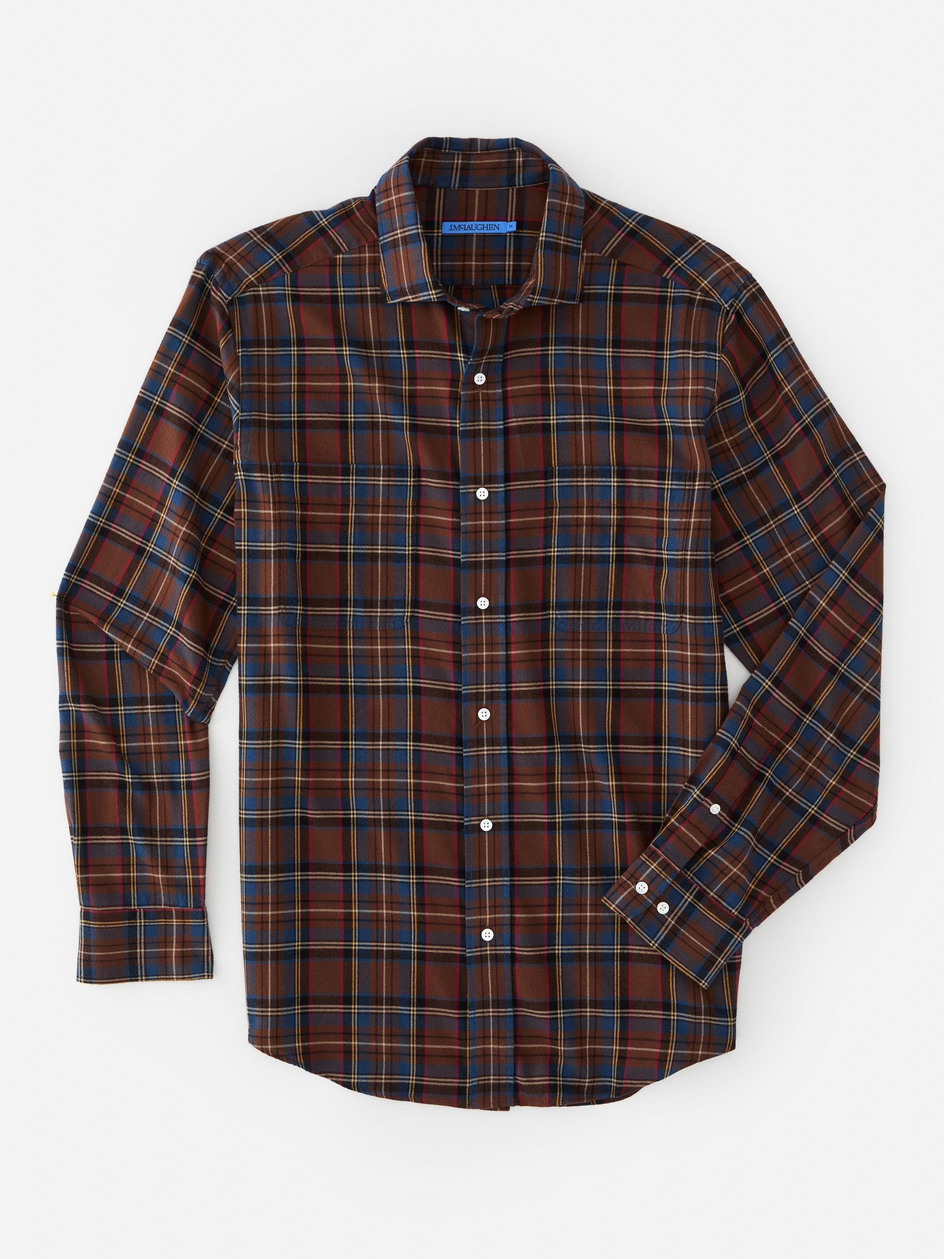 J.McLaughlin Glenmere shirt in brown/red/gold/blue made with cotton.