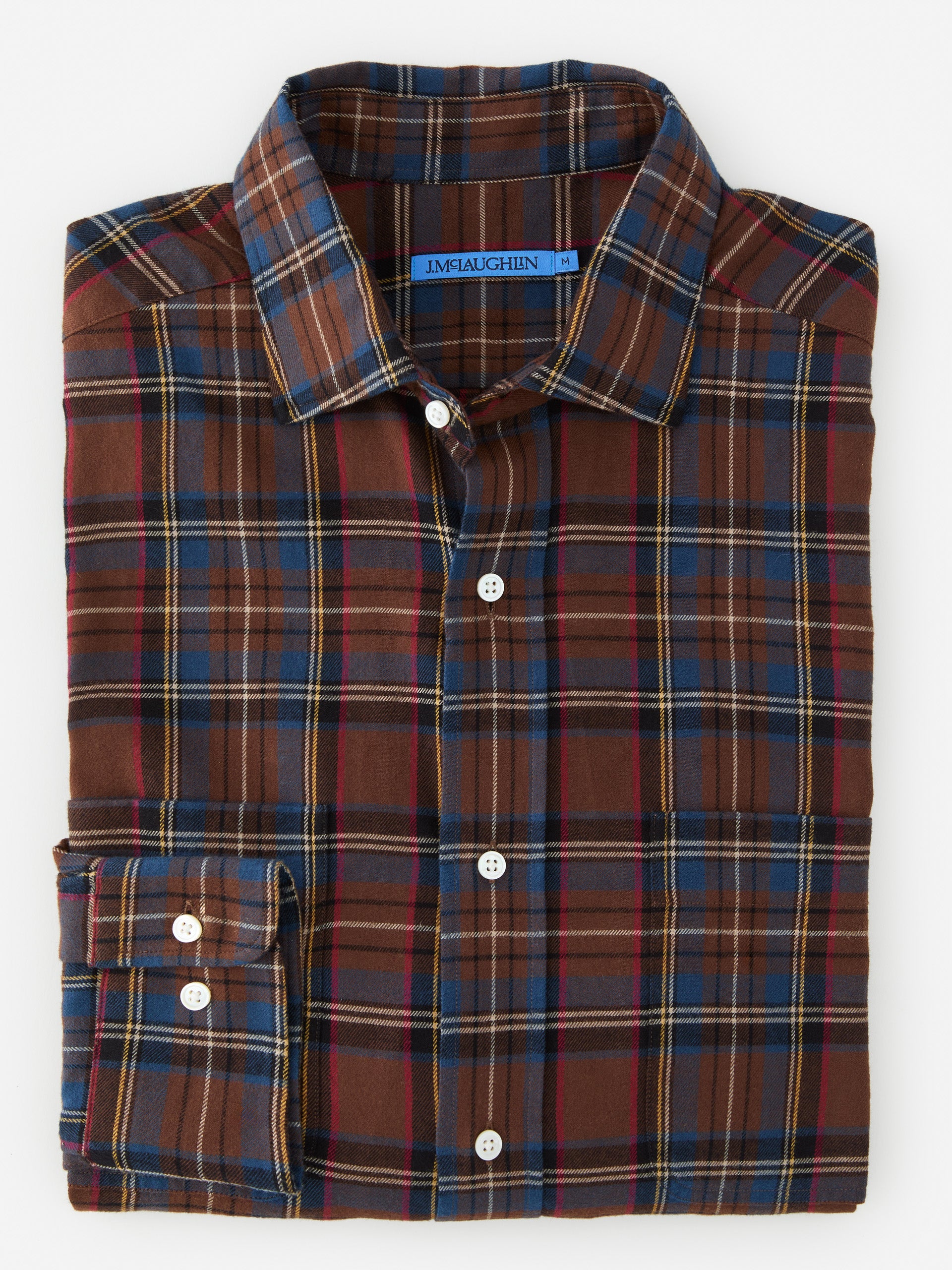 J.McLaughlin Glenmere shirt in brown/red/gold/blue made with cotton. 