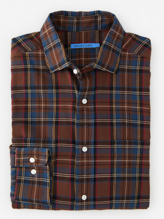 J.McLaughlin Glenmere shirt in brown/red/gold/blue made with cotton. 