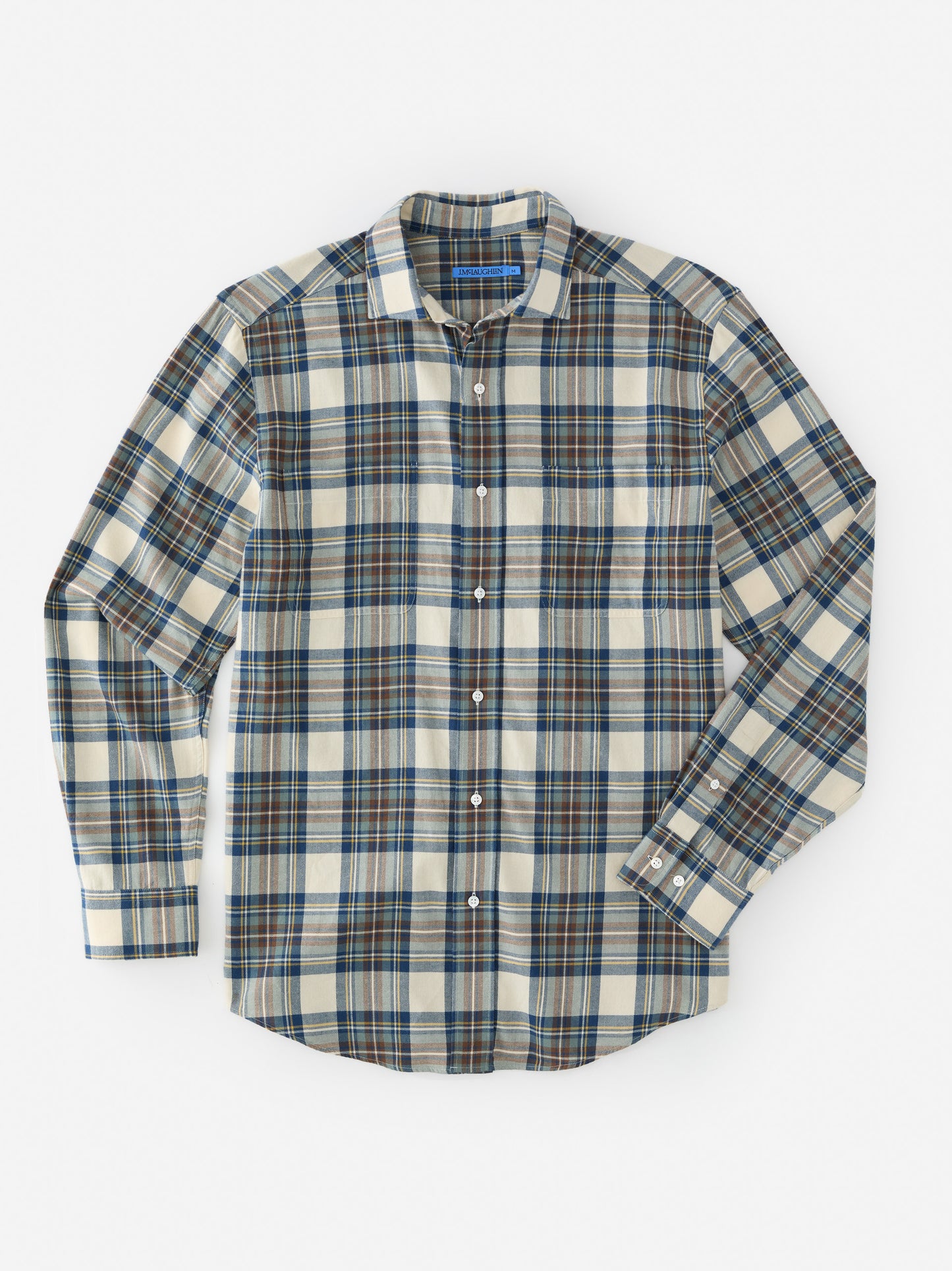 J.McLaughlin Glenmere shirt in ecru/brown/blue made with cotton. 