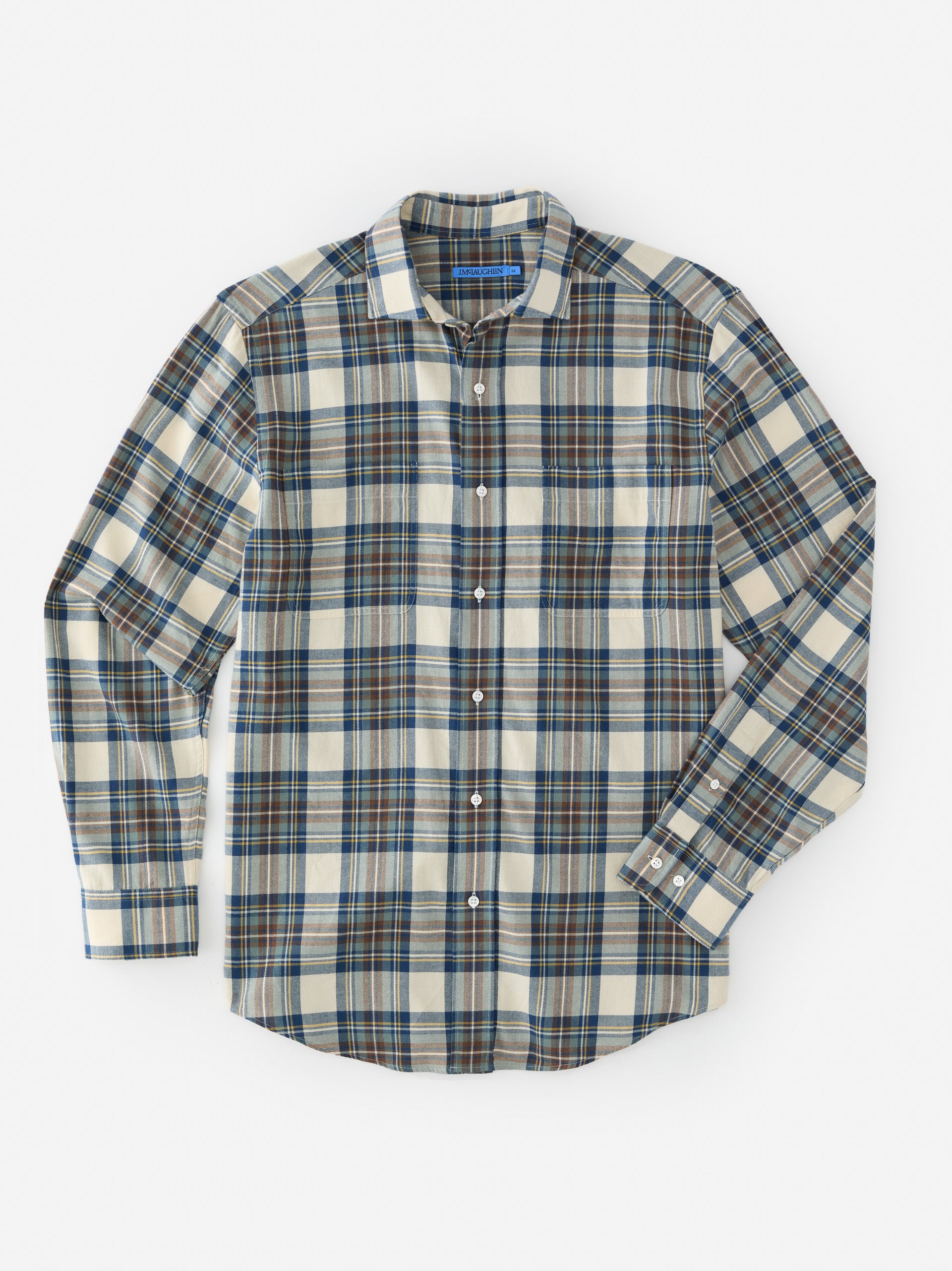 J.McLaughlin Glenmere shirt in ecru/brown/blue made with cotton. 
