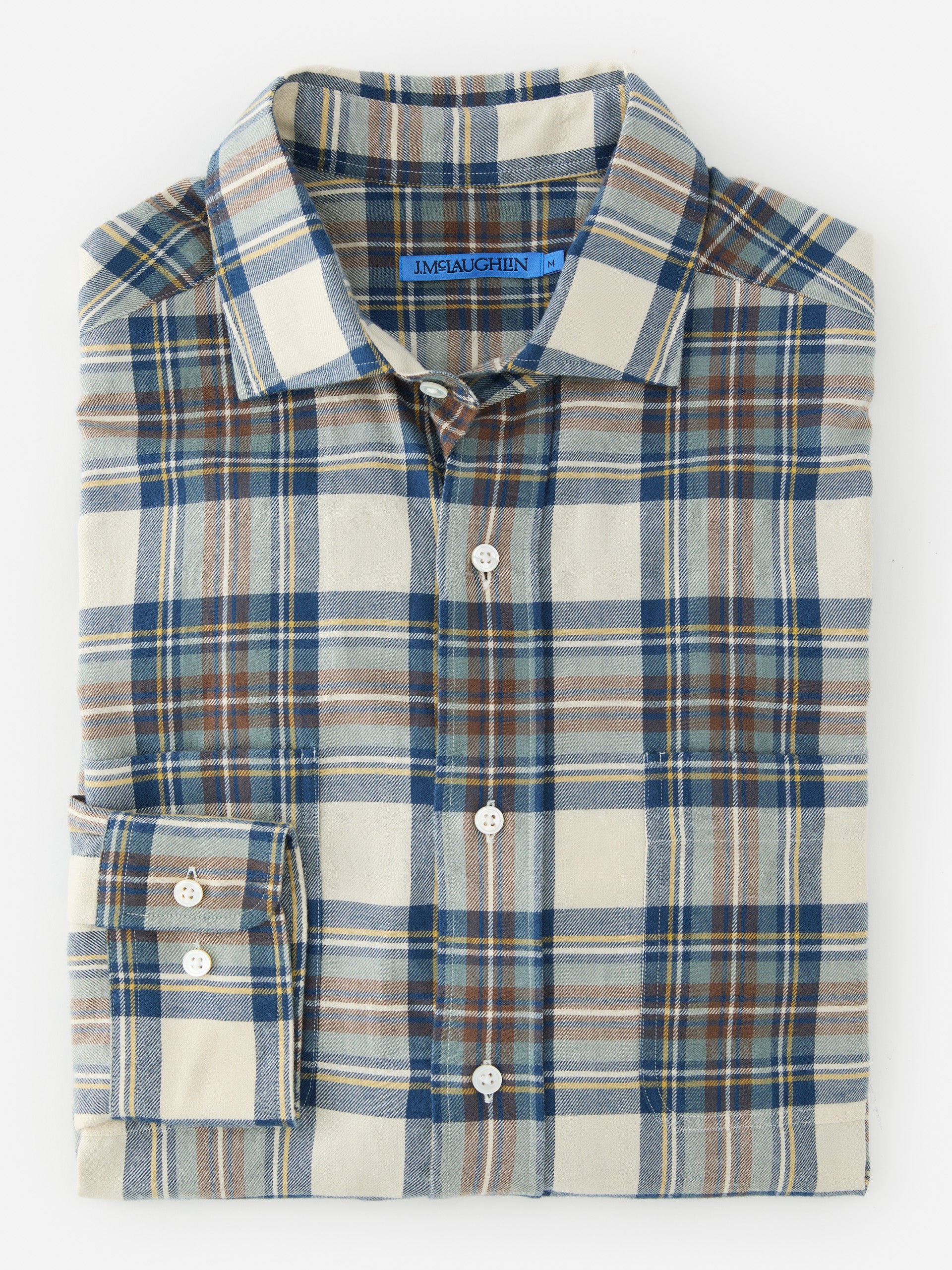 J.McLaughlin Glenmere shirt in ecru/brown/blue made with cotton. 