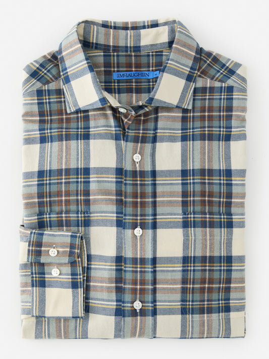 J.McLaughlin Glenmere shirt in ecru/brown/blue made with cotton. 