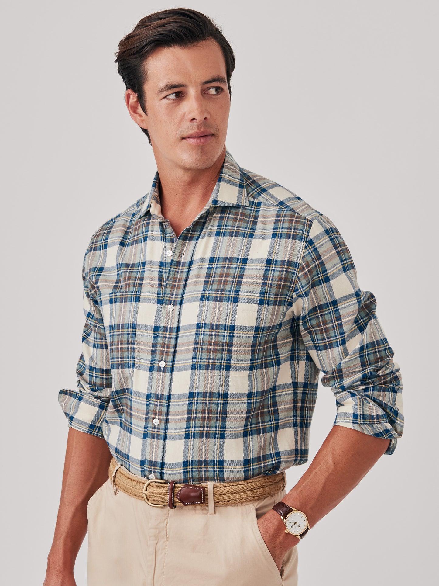 J.McLaughlin Glenmere shirt in ecru/brown/blue made with cotton. 
