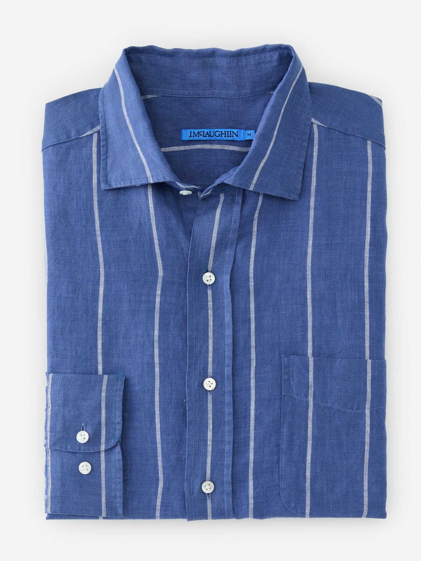 J.McLaughlin Gramercy shirt in blue/white made with linen. 