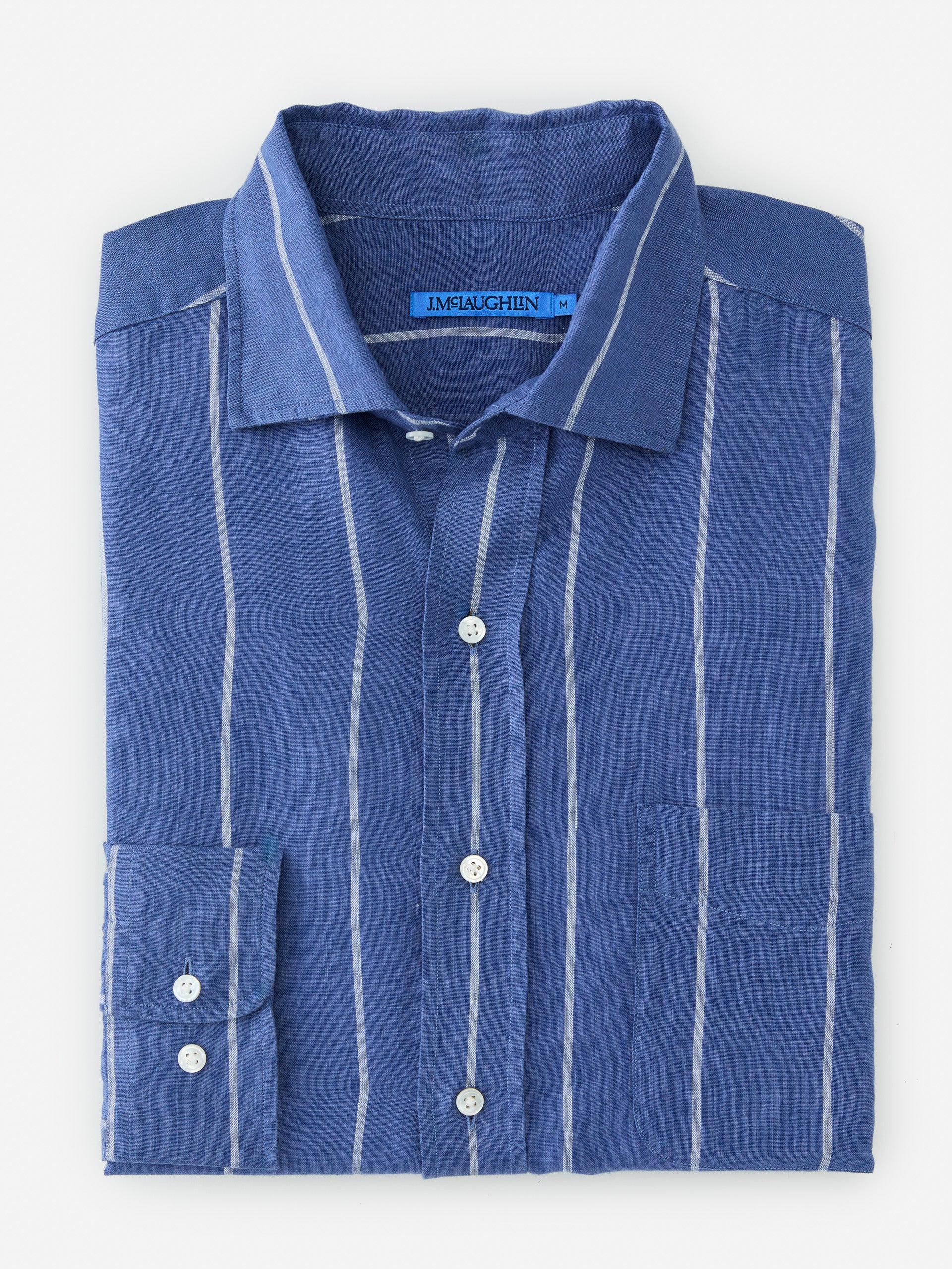 J.McLaughlin Gramercy shirt in blue/white made with linen. 