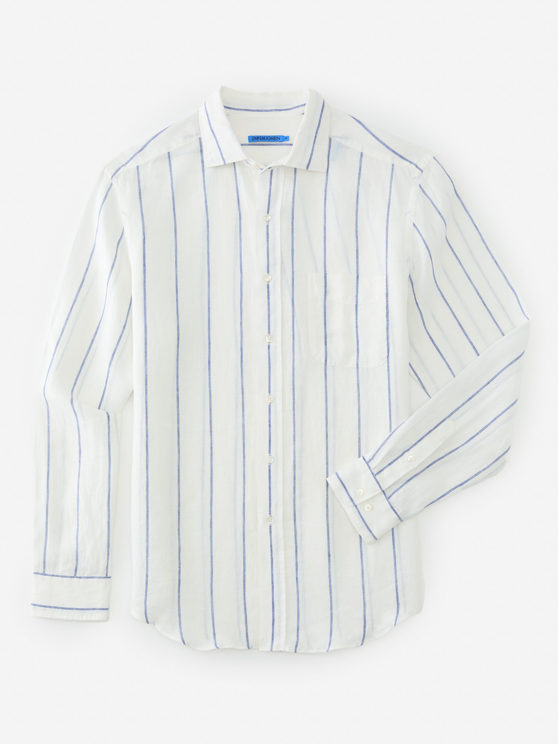 J.McLaughlin Gramercy shirt in white/blue made with linen. 
