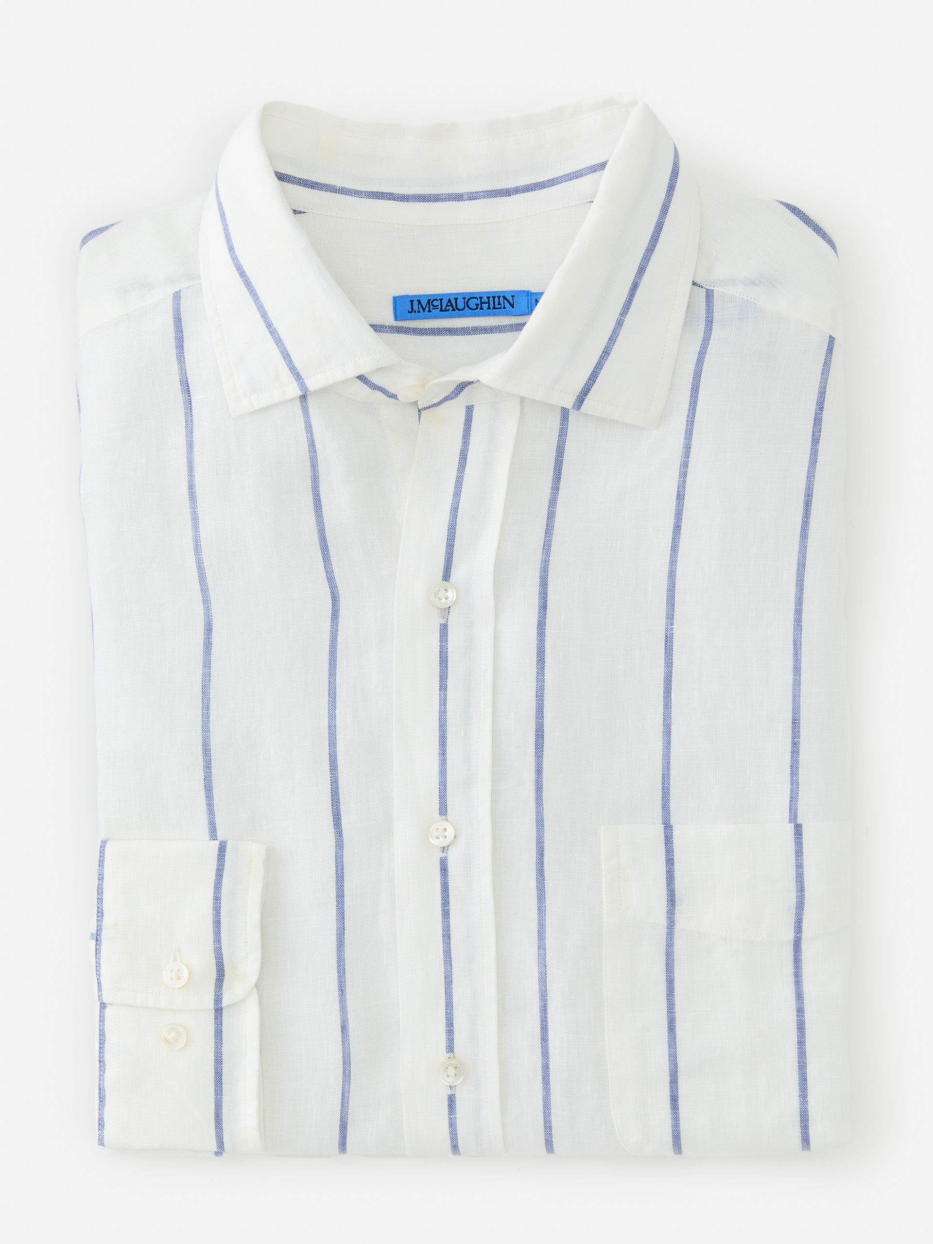 J.McLaughlin Gramercy shirt in white/blue made with linen. 