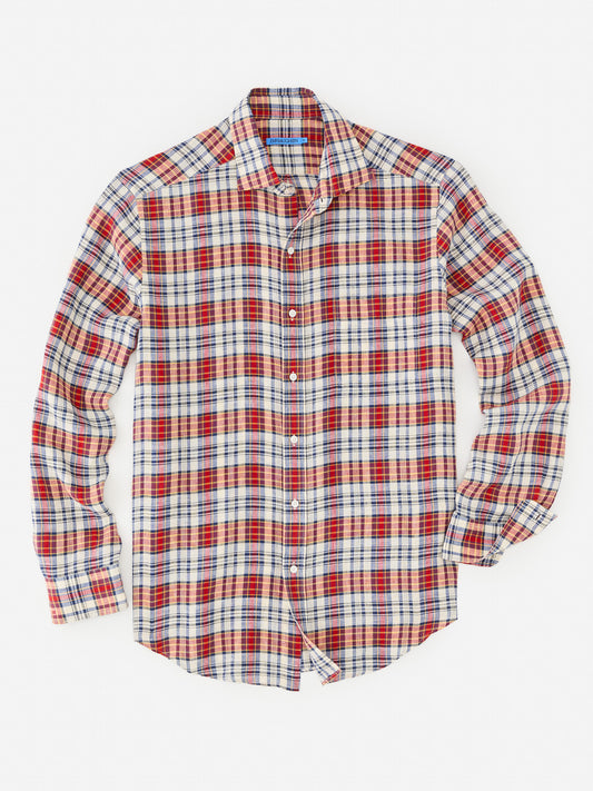 J.McLaughlin Gramercy shirt in navy/yellow/red made with linen.