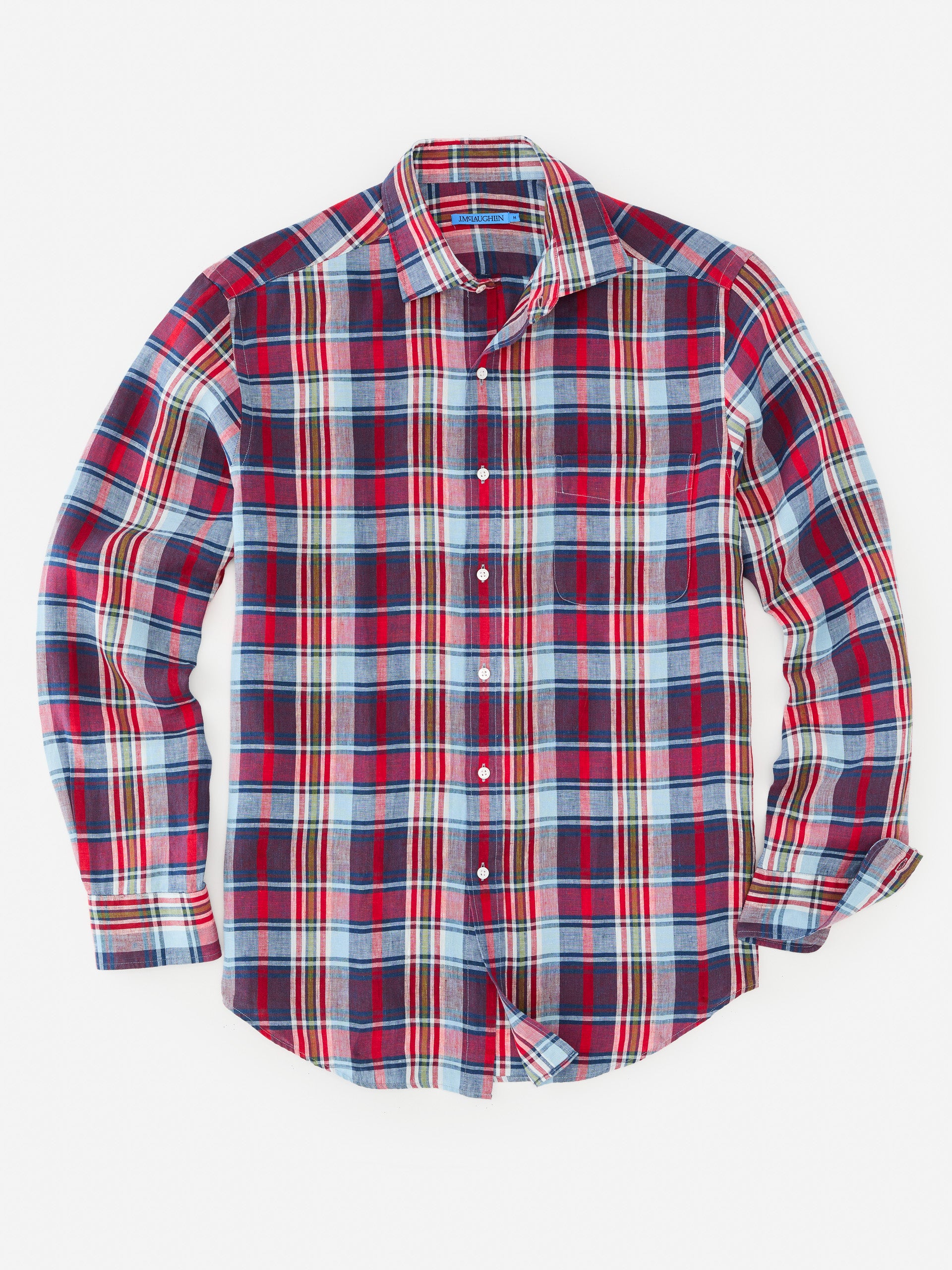 J.McLaughlin Gramercy shirt in red/blue/white made with linen.