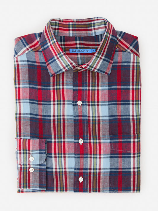 J.McLaughlin Gramercy shirt in red/blue/white made with linen.