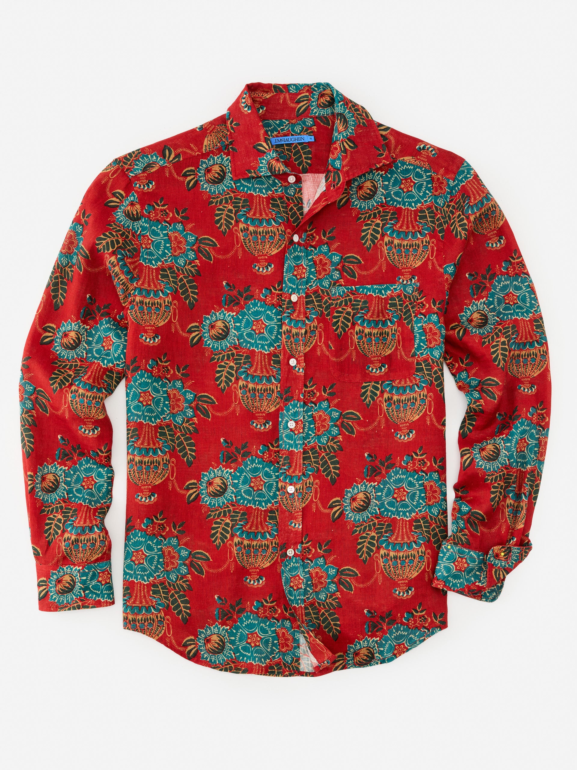 J.McLaughlin Gramercy shirt in red/multi made with linen.