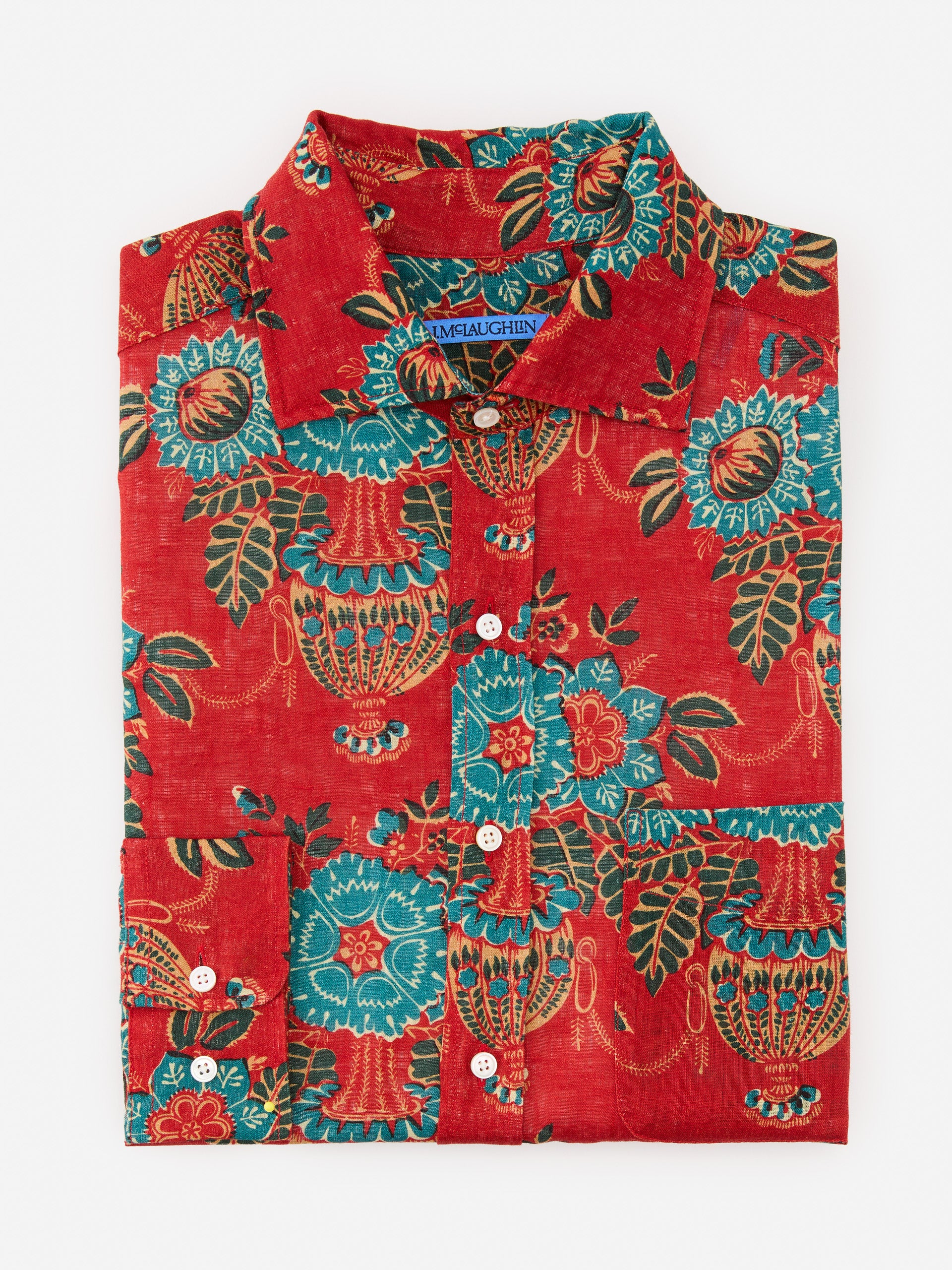 J.McLaughlin Gramercy shirt in red/multi made with linen.