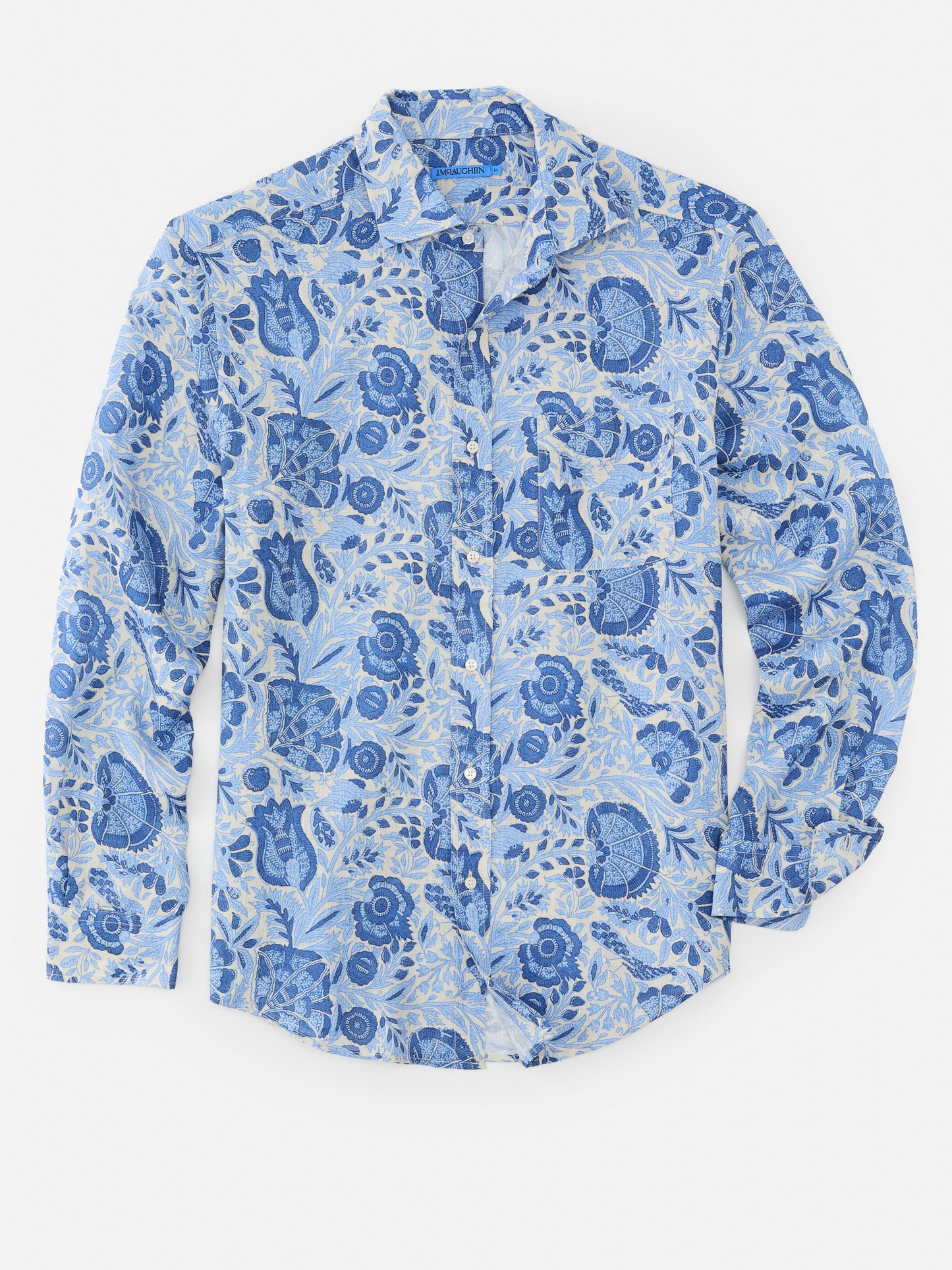 J.McLaughlin Gramercy shirt in sand/navy/denim made with linen.