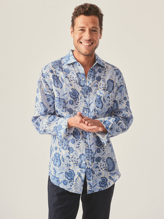 J.McLaughlin Gramercy shirt in sand/navy/denim made with linen.