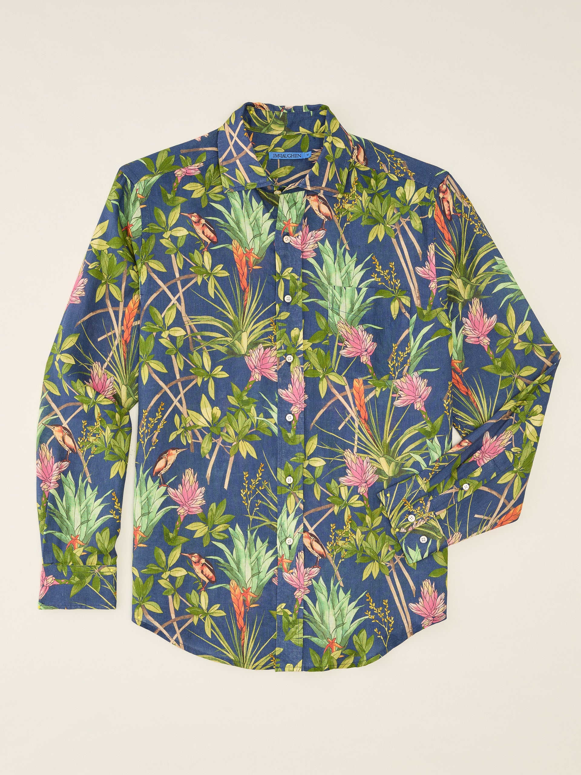 J.McLaughlin Gramercy shirt in Navy/Multi made with Linen. 