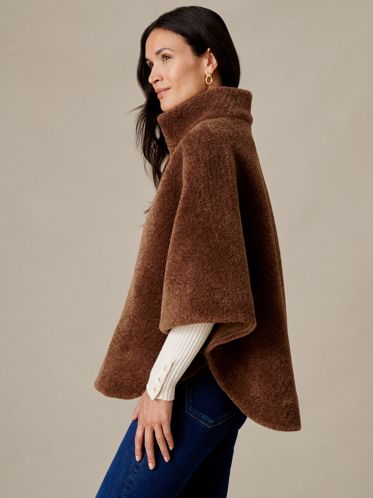 J.McLaughlin Gretchen Faux Fur Cape in rich brown faux fur with a high collar and flowing cape silhouette for effortlessly elegant warmth
