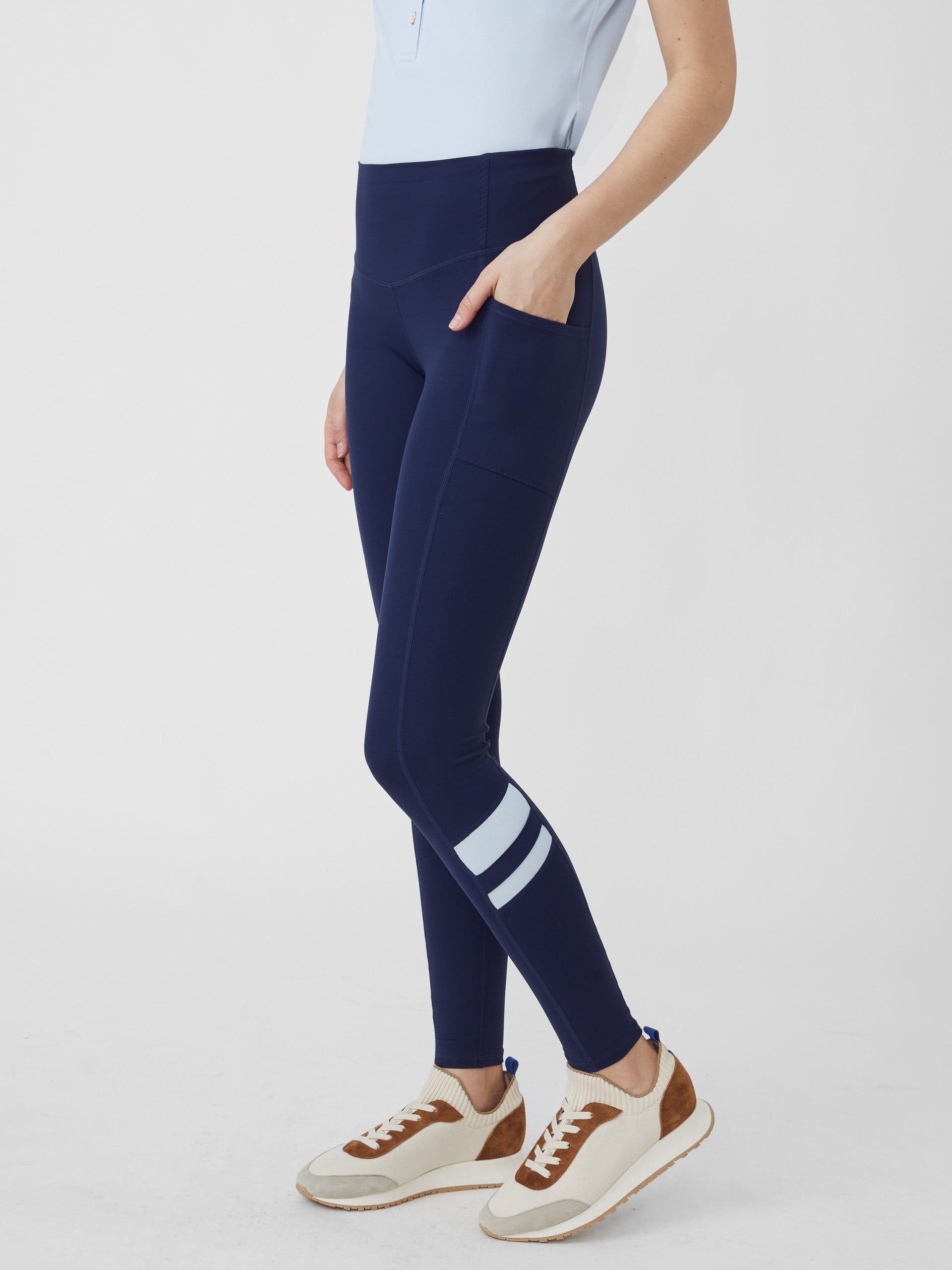 J.McLaughlin model wears Rae Leggings in Navy made with Nylon and Spandex.
