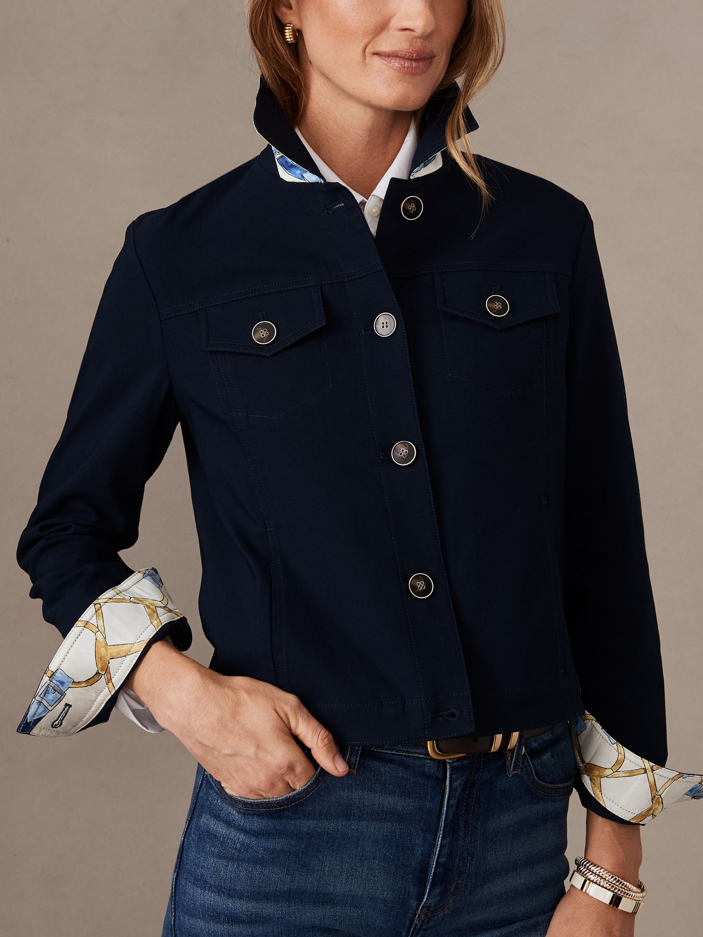 J.McLaughlin Haven jacket in navy made with amelia cloth.
