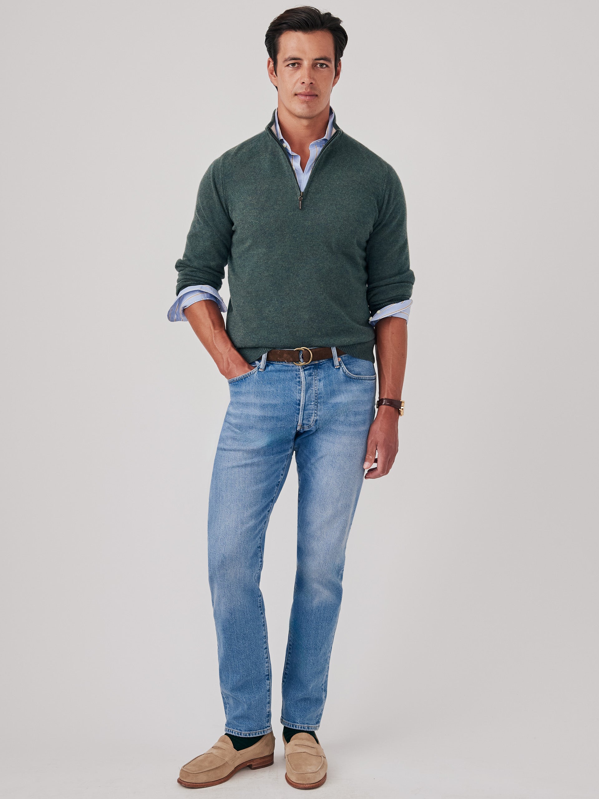 J.McLaughlin Henry sweater in deep forest made with cashmere.