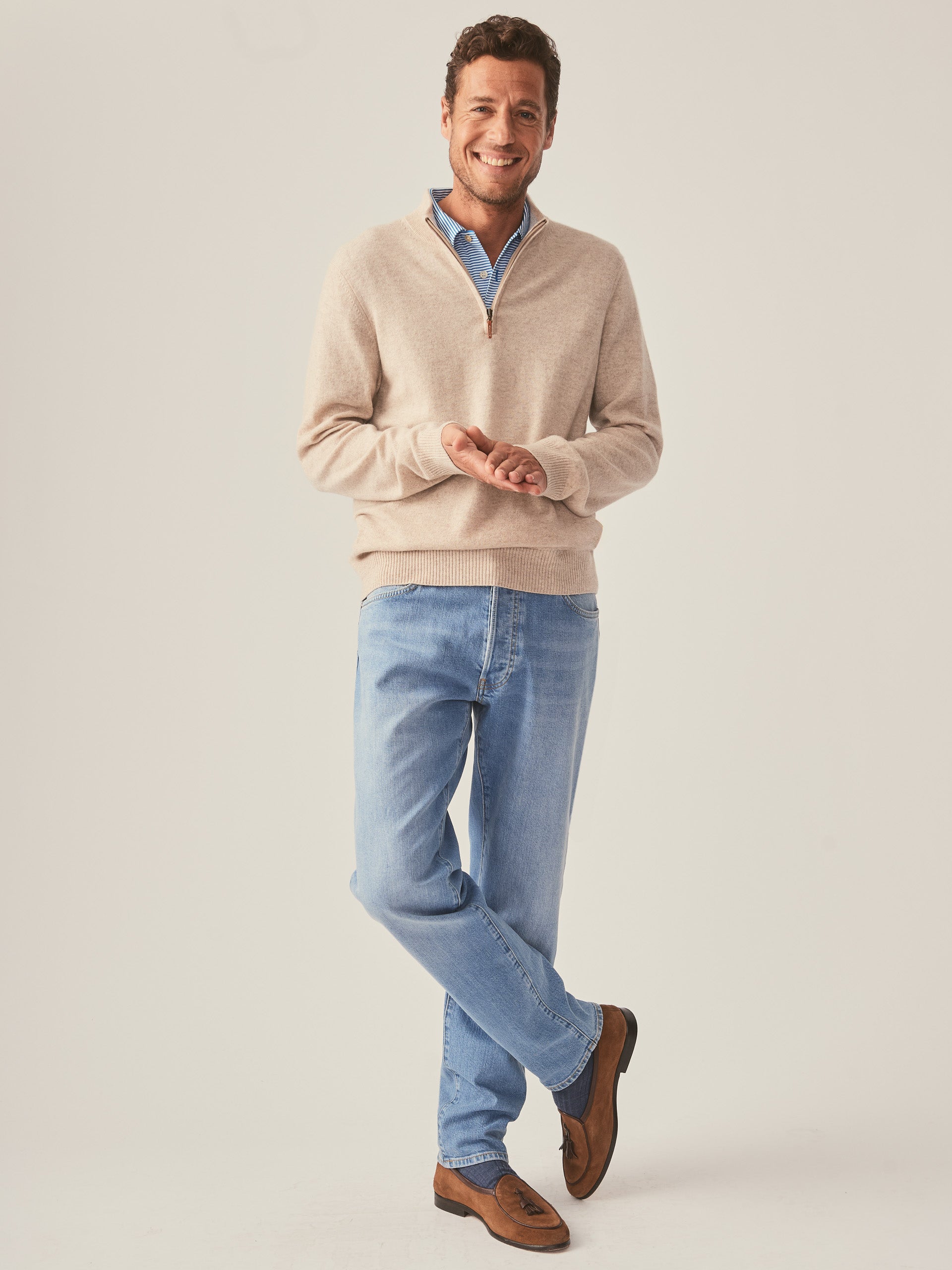 J.McLaughlin Henry sweater in  heather oatmeal made with cashmere.