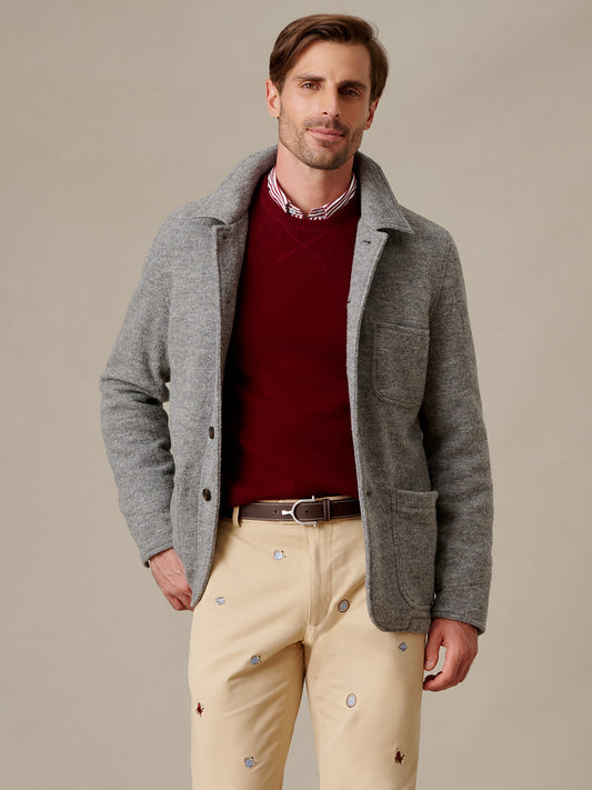 J.McLaughlin Spade Chore Jacket in gray wool styled over a burgundy sweater with khaki pants on a male model