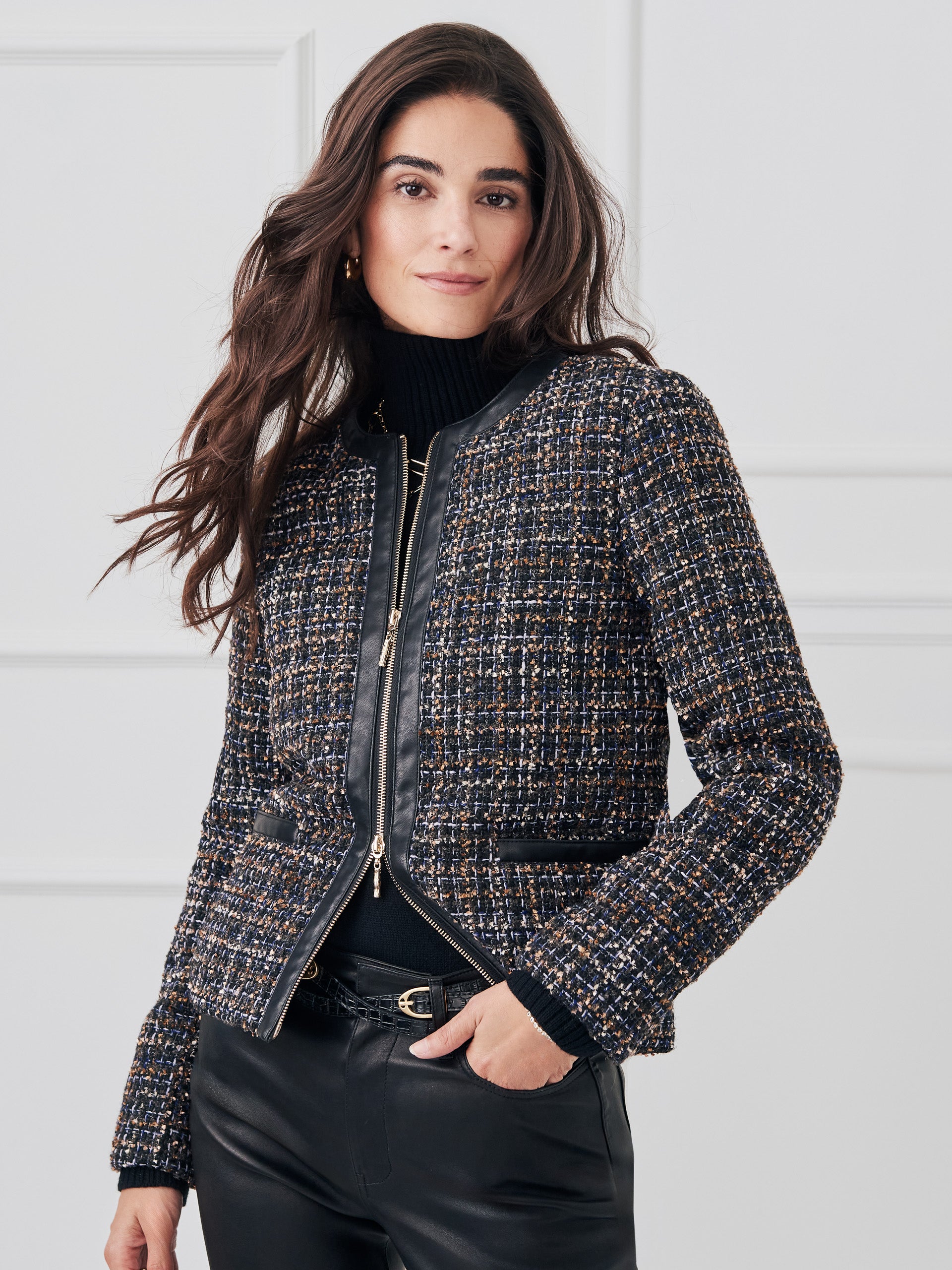 J.McLaughlin Hughes jacket in black/tan made with tweed/leather.