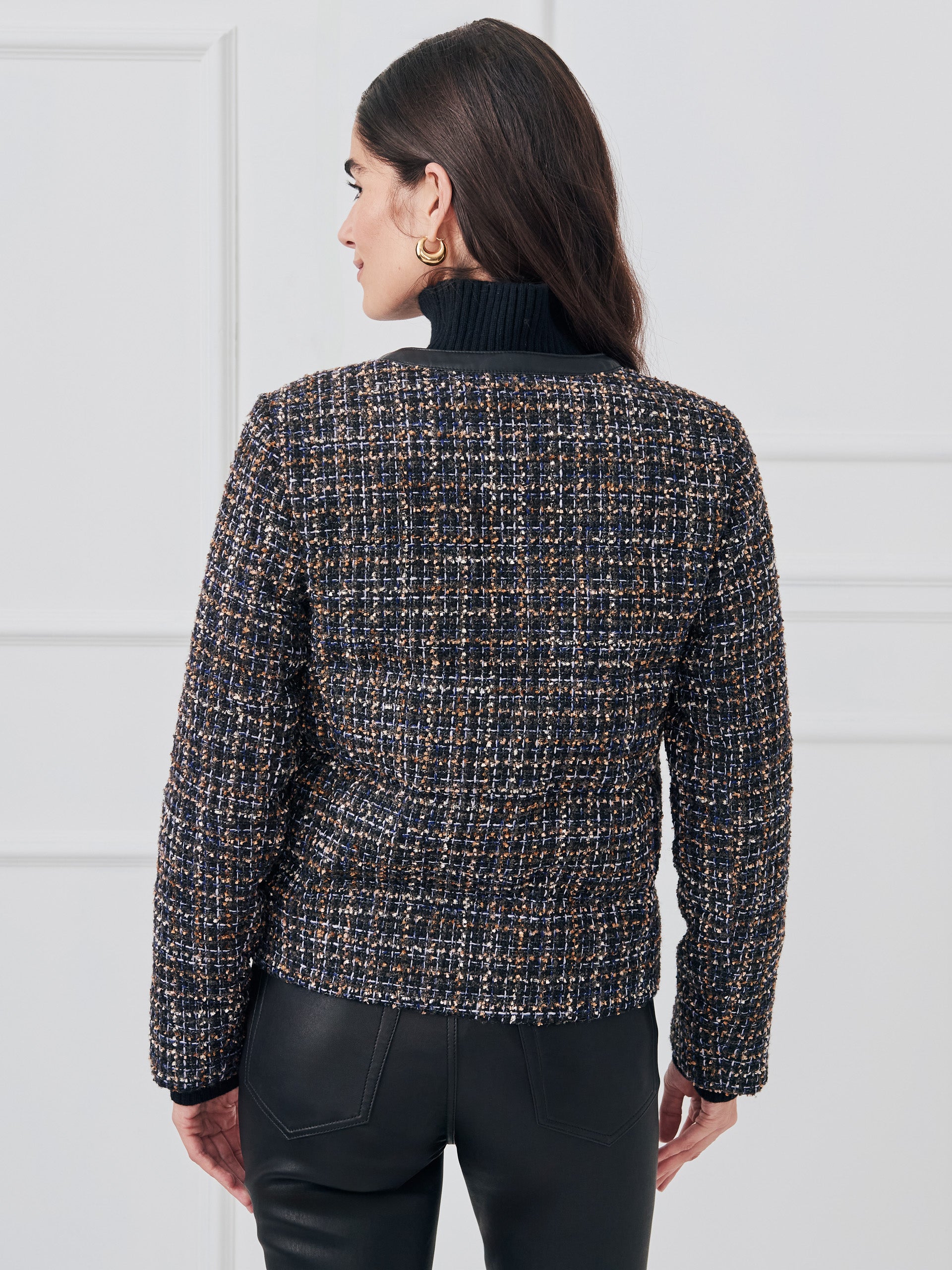 J.McLaughlin Hughes jacket in black/tan made with tweed/leather.