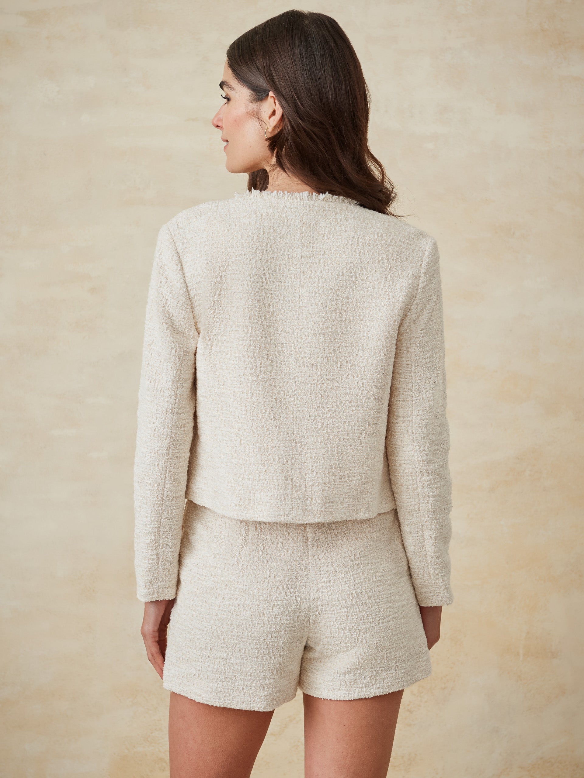 J.McLaughlin Berry jacket in creamy sand made with tweed/boucle. 