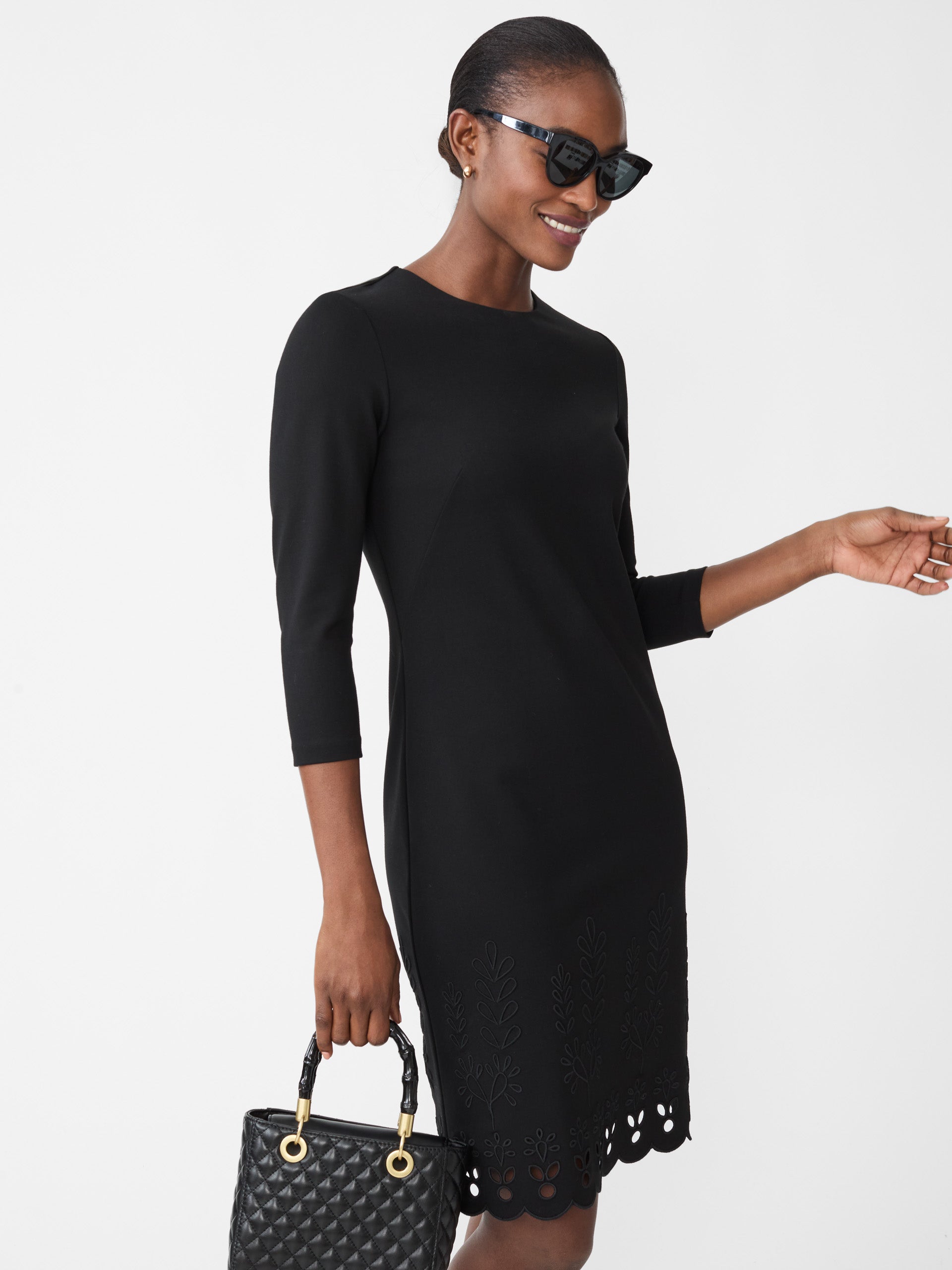 J.McLaughlin Indira dress in black made with Bainbridge Cloth.