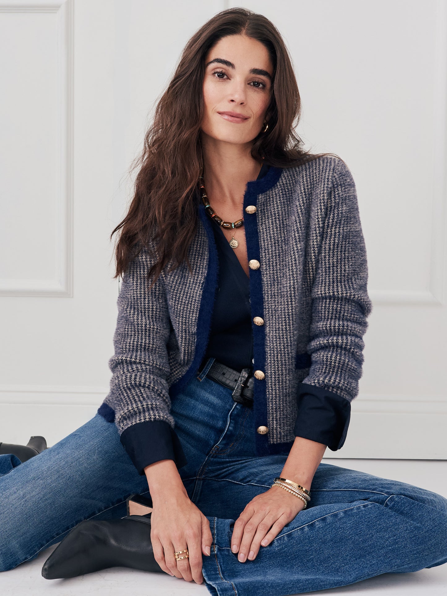 J.McLaughlin Inez sweater in navy/sand made with nylon yarn. 