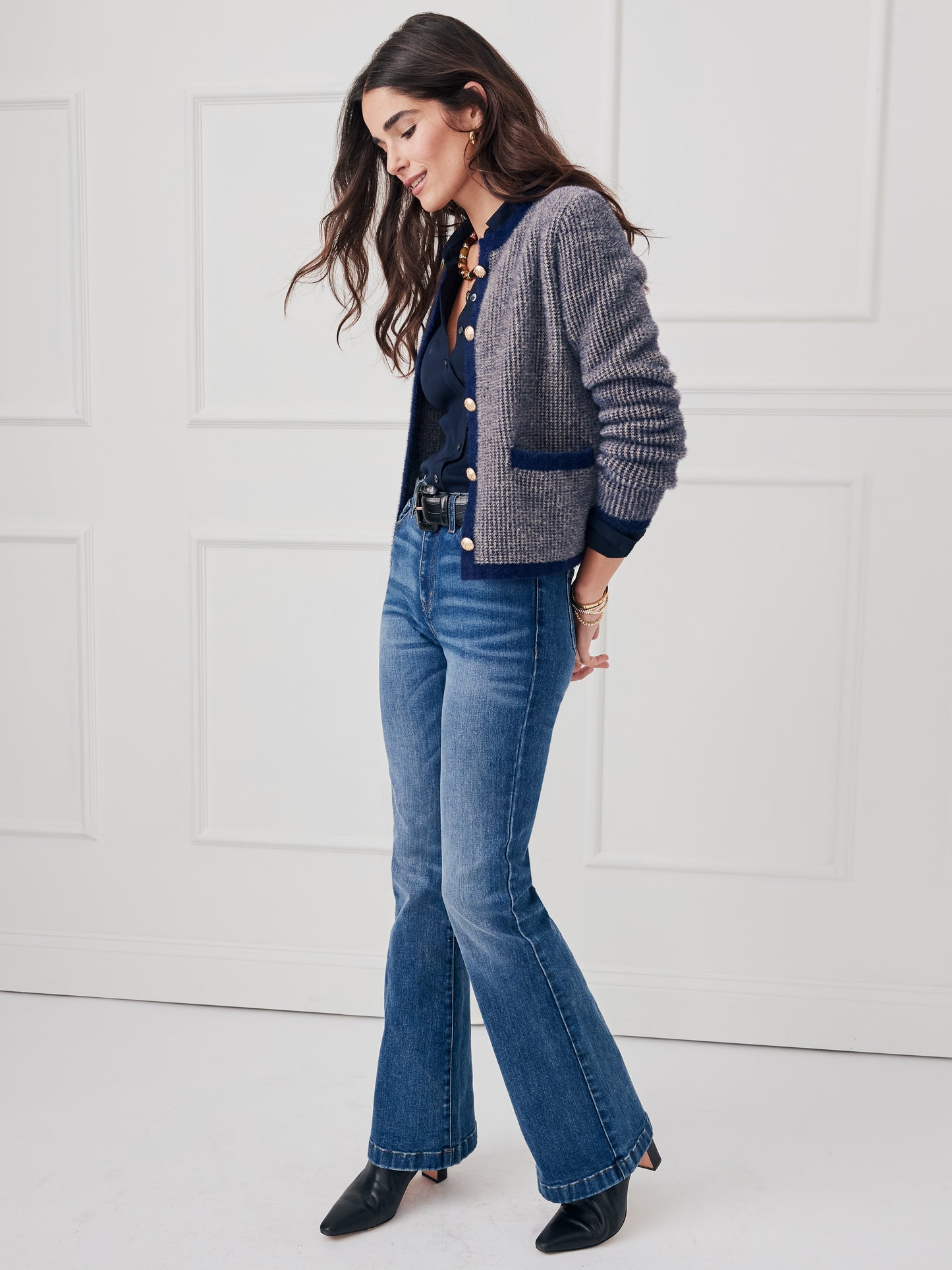 J.McLaughlin Inez sweater in navy/sand made with nylon yarn. 