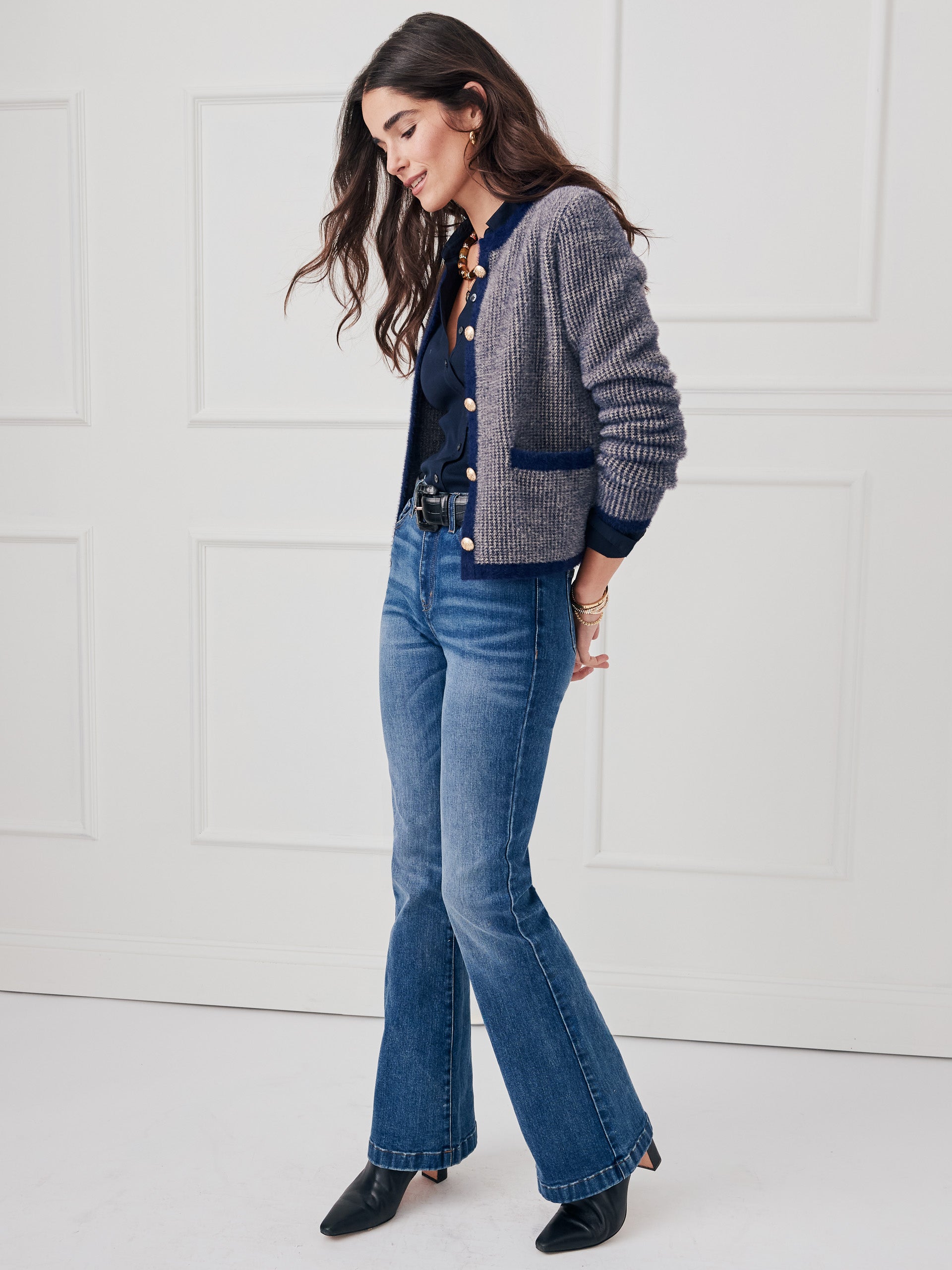 J.McLaughlin Inez sweater in navy/sand made with nylon yarn. 