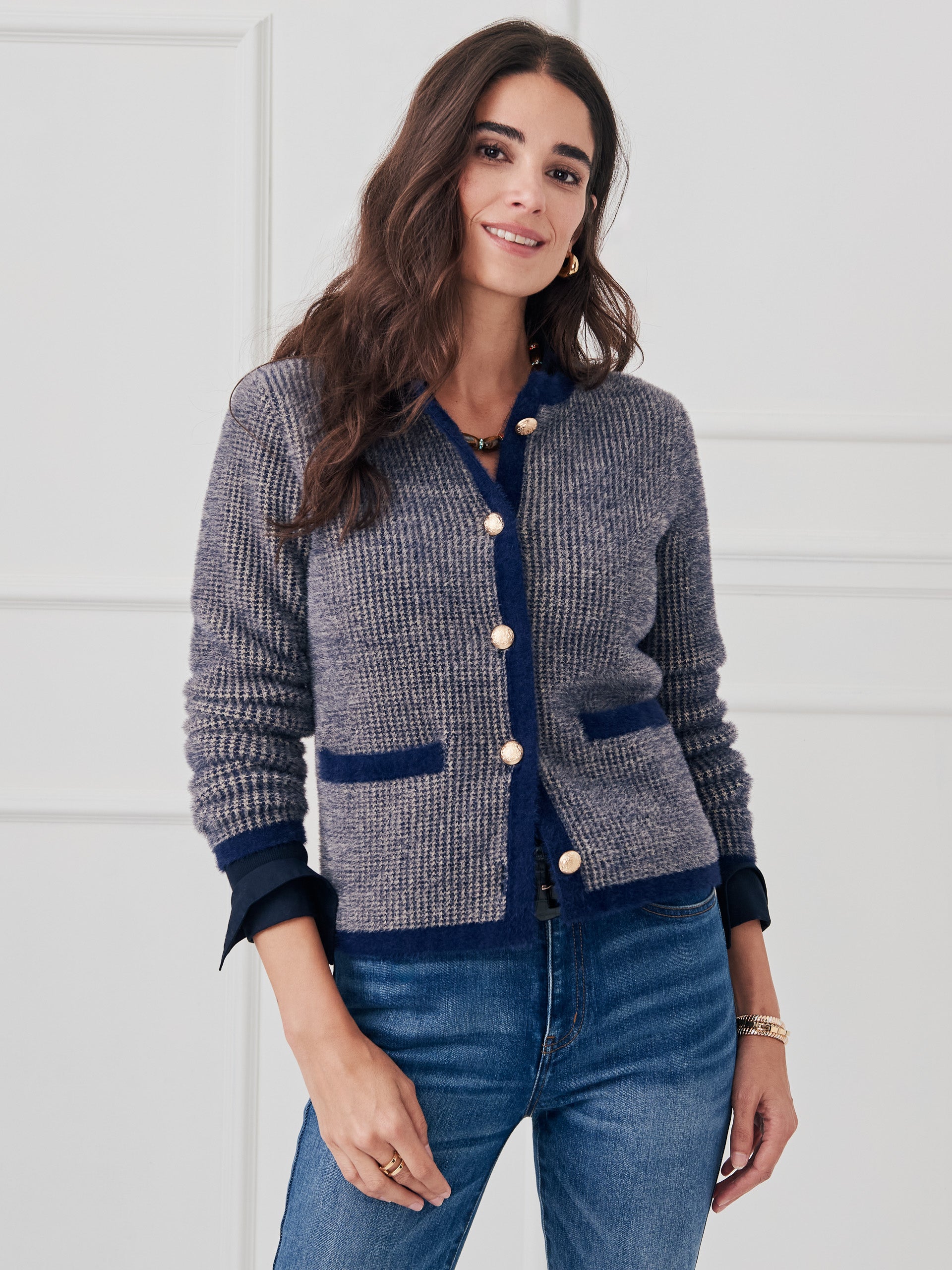 J.McLaughlin Inez sweater in navy/sand made with nylon yarn. 