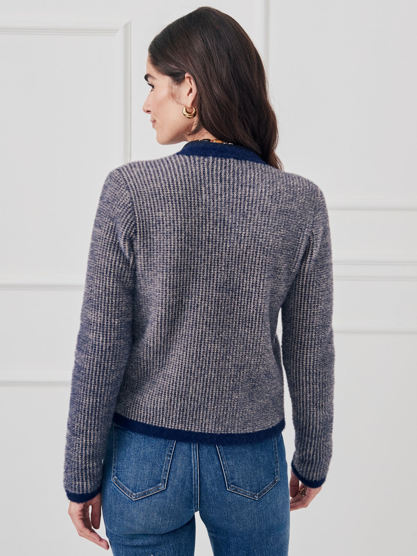 J.McLaughlin Inez sweater in navy/sand made with nylon yarn. 