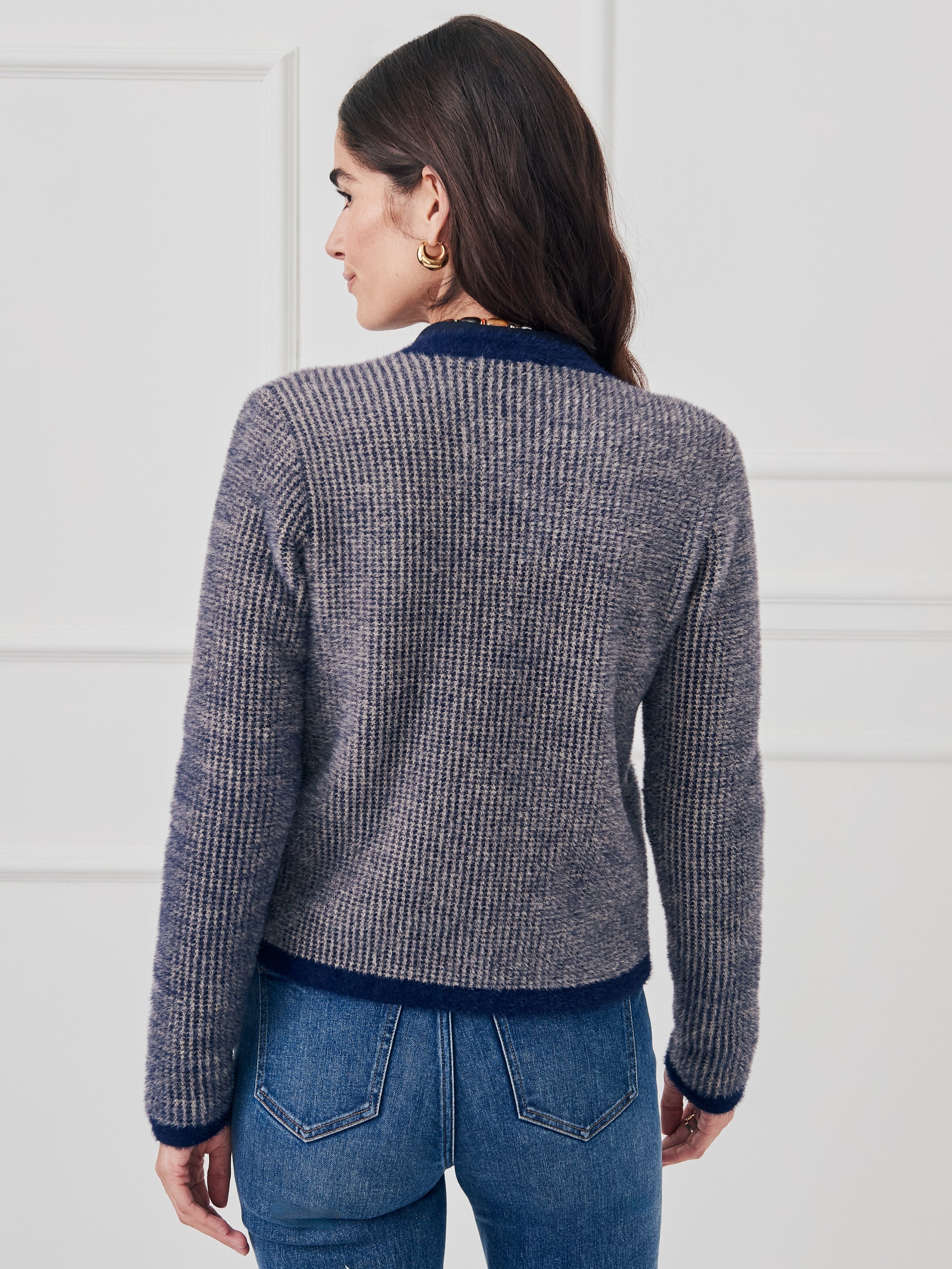 J.McLaughlin Inez sweater in navy/sand made with nylon yarn. 
