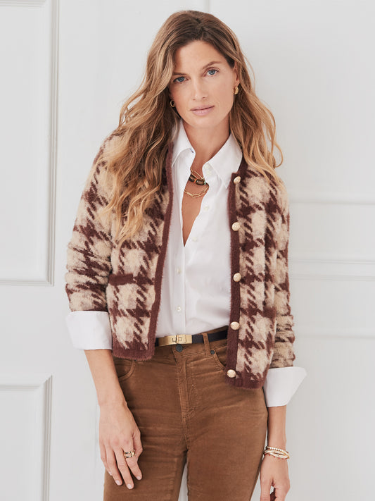 J.McLaughlin Inez sweater in brown/taupe  made with nylon eyelash yarn.