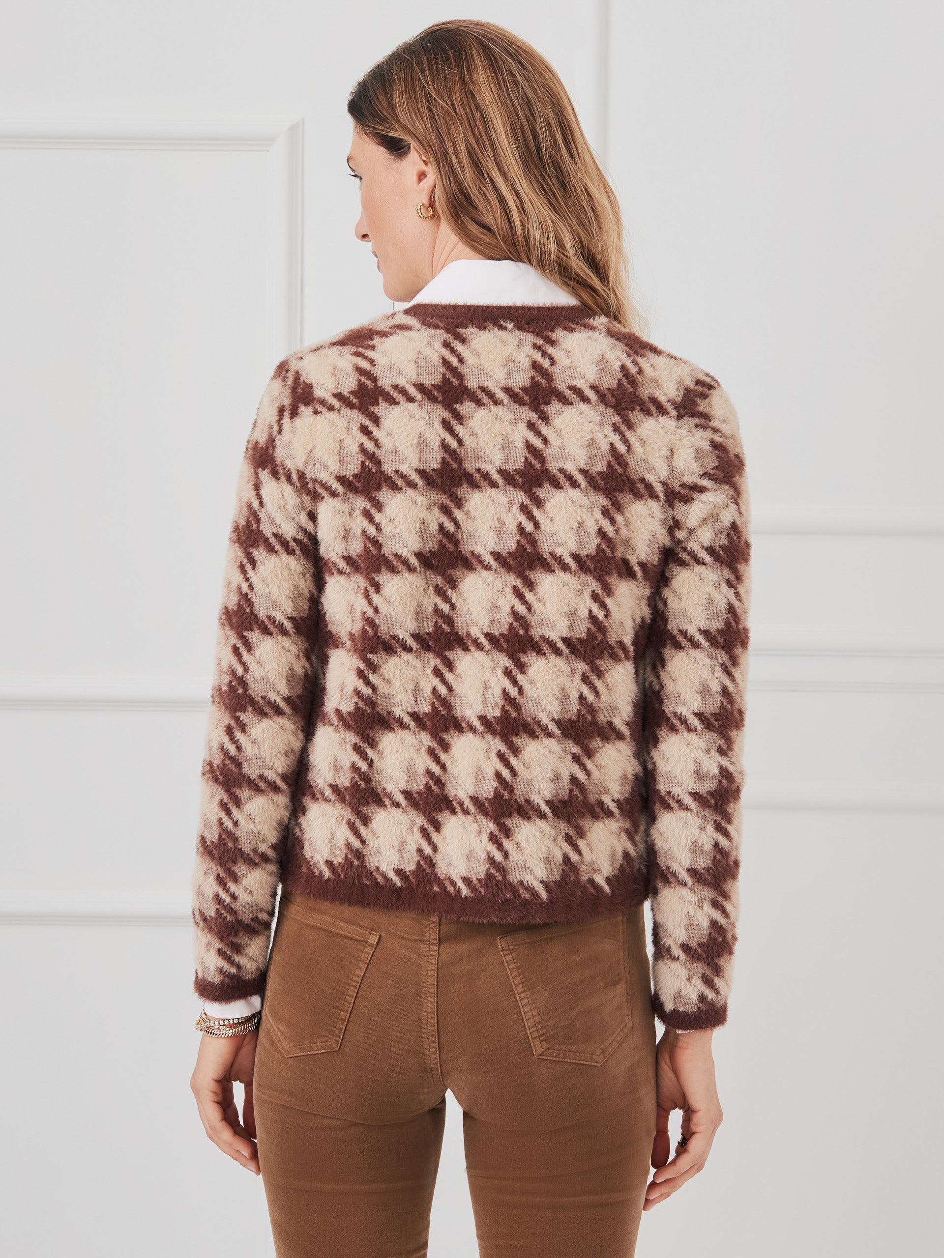 J.McLaughlin Inez sweater in brown/taupe  made with nylon eyelash yarn.