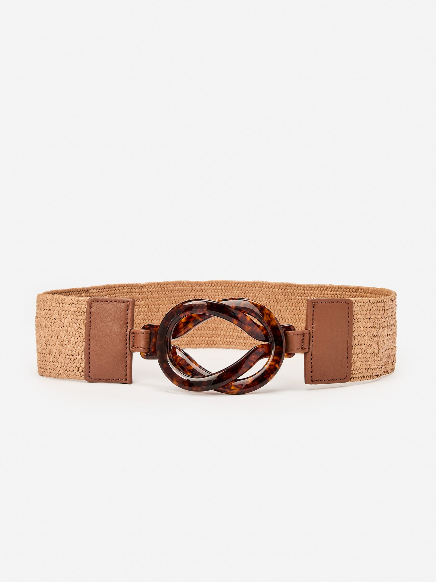 J.McLaughlin Infinity belt in brown made with raffia and tortoise.