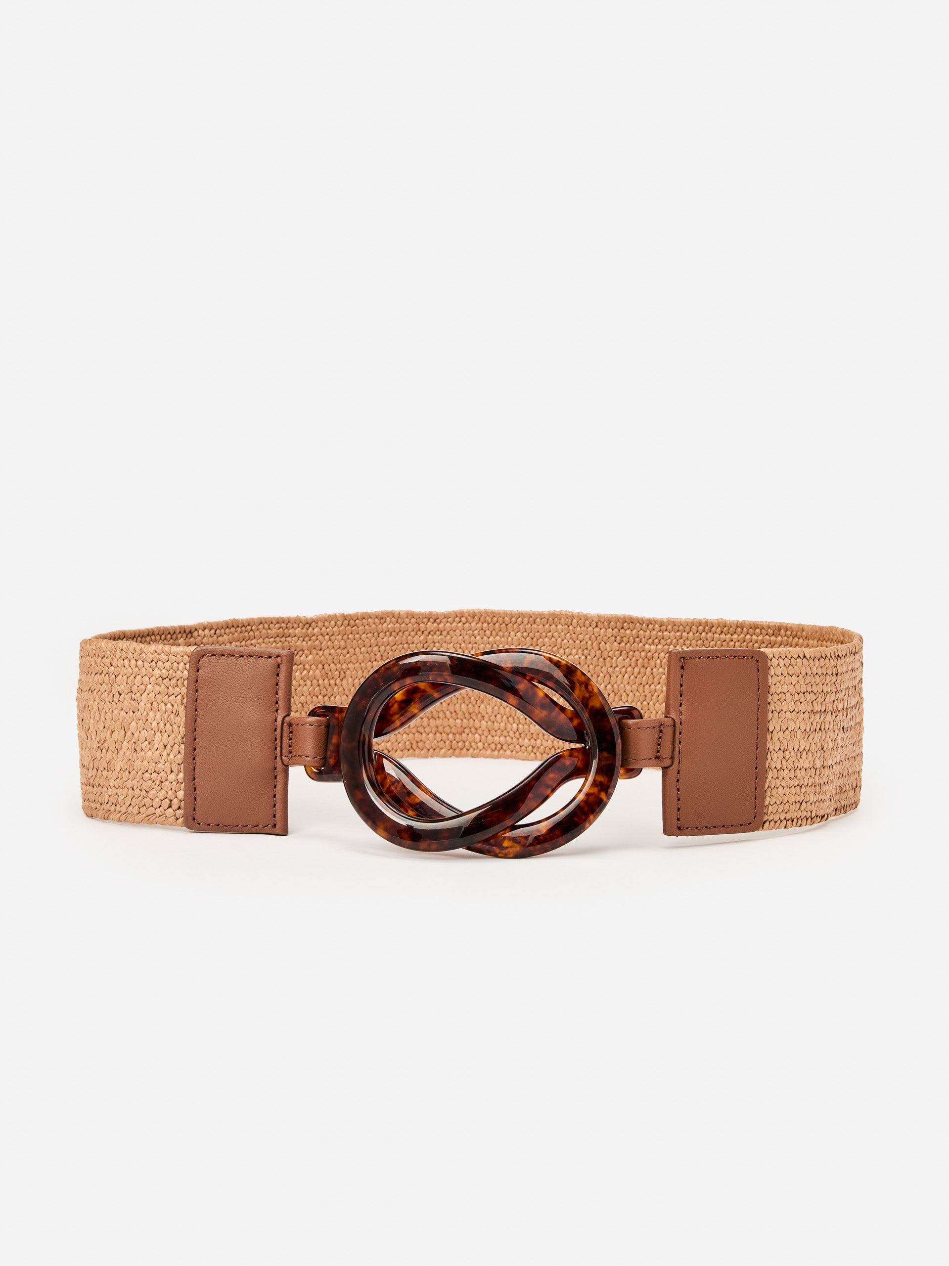 J.McLaughlin Infinity belt in brown made with raffia and tortoise.