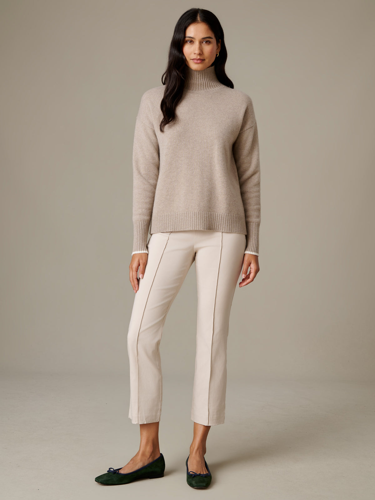 J.McLaughlin Ivy Pants in a flattering pull on style with subtle flare legs styled with a soft taupe sweater and green flats