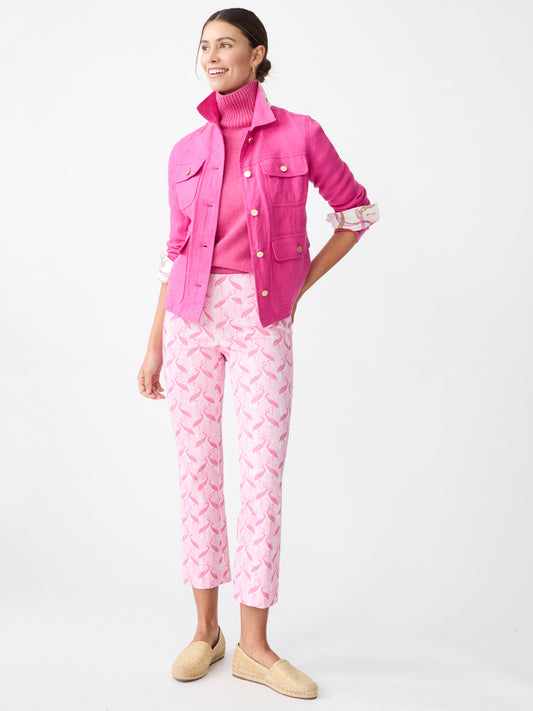Model wearing J.McLaughlin Ivy pants in pink/light pink made with Amelia cloth.