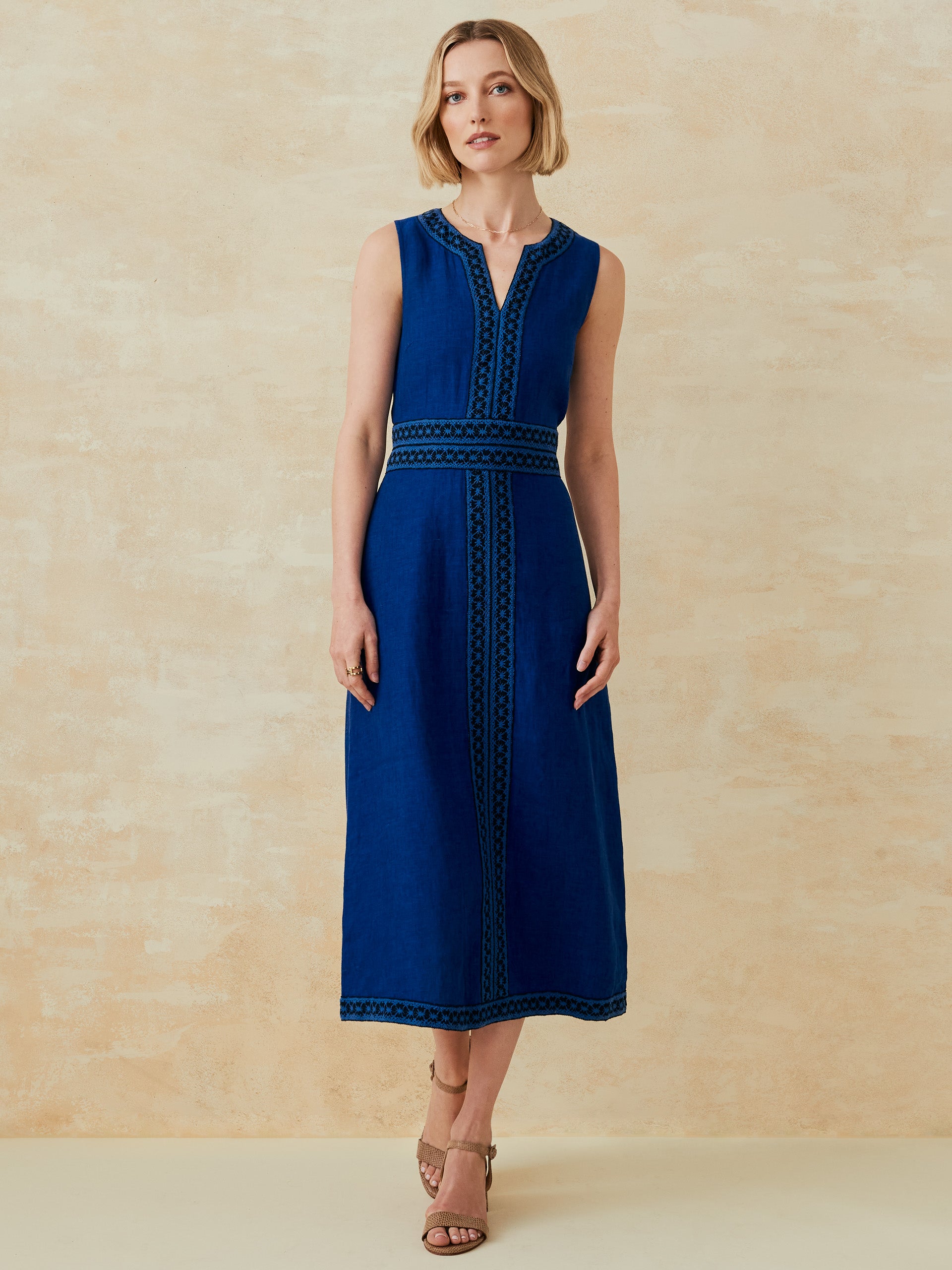 J.McLaughlin Izzy dress in denim blue made with linen.