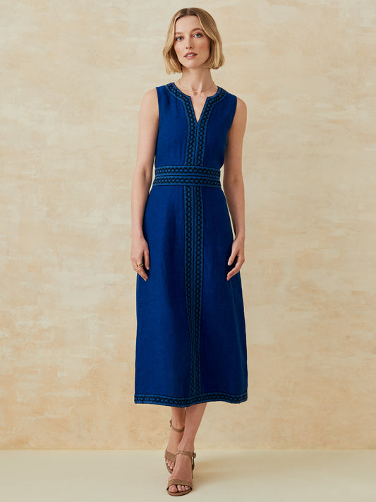 J.McLaughlin Izzy dress in denim blue made with linen.