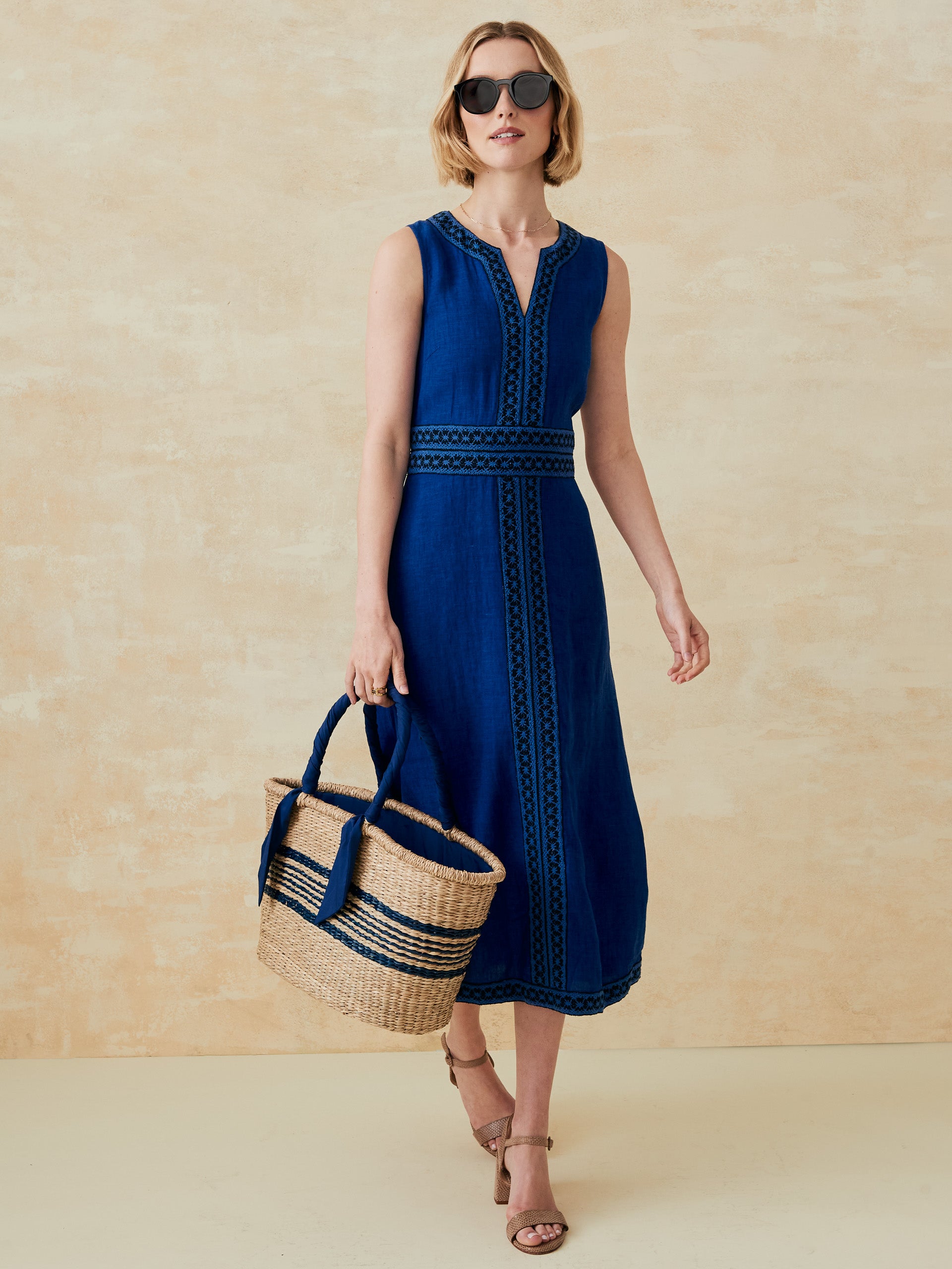 J.McLaughlin Izzy dress in denim blue made with linen.