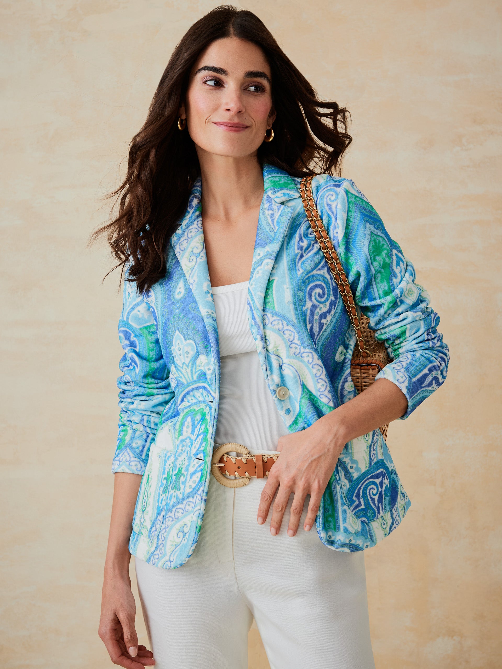 J.McLaughlin Jada blazer in green/lapis blue made with cotton. 