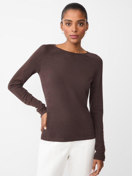 Model wearing J.McLaughlin Jamey sweater in heather brown made with cotton/modal.