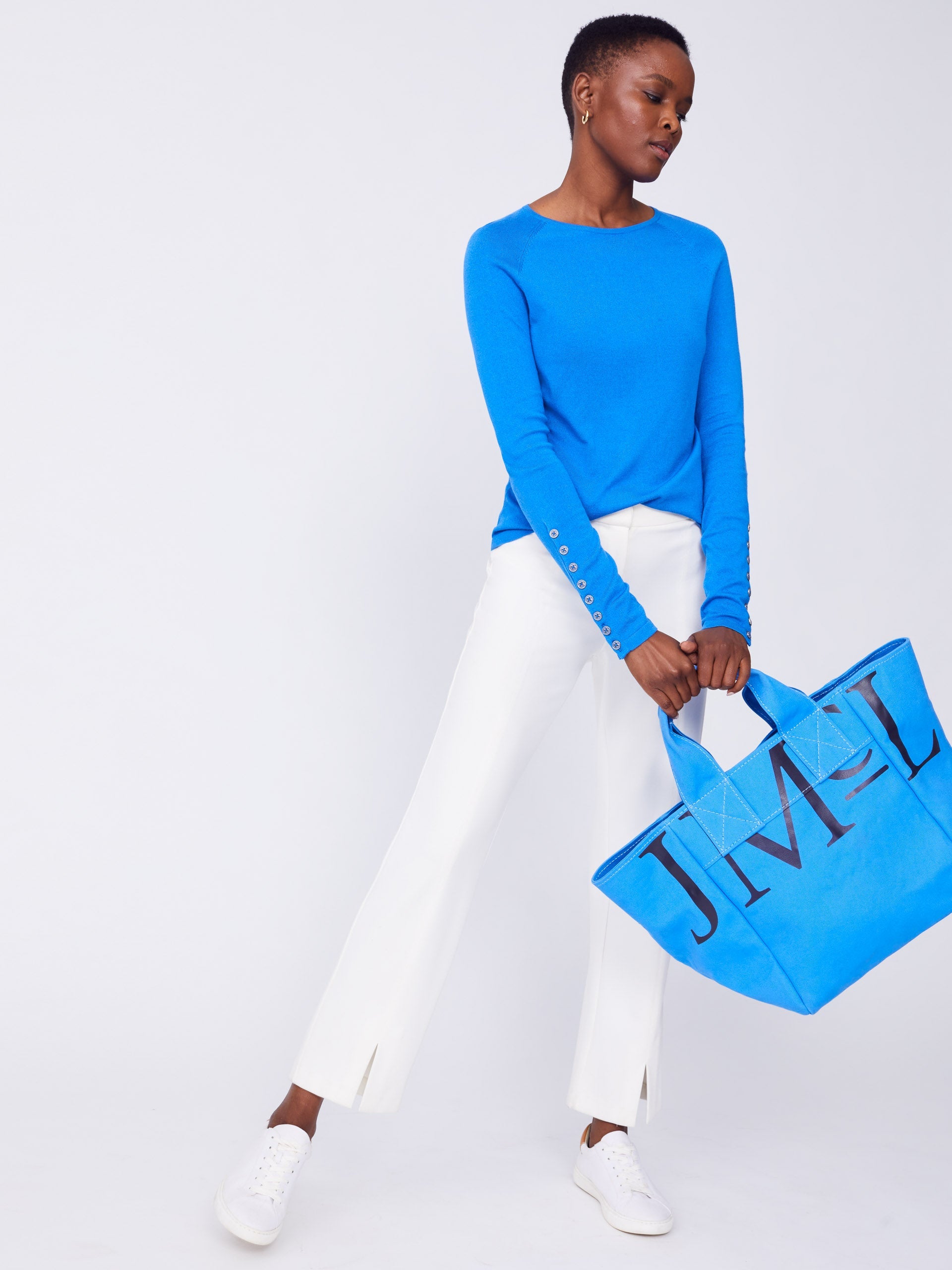 J.McLaughlin Logo tote in JMC blue made with cotton canvas.