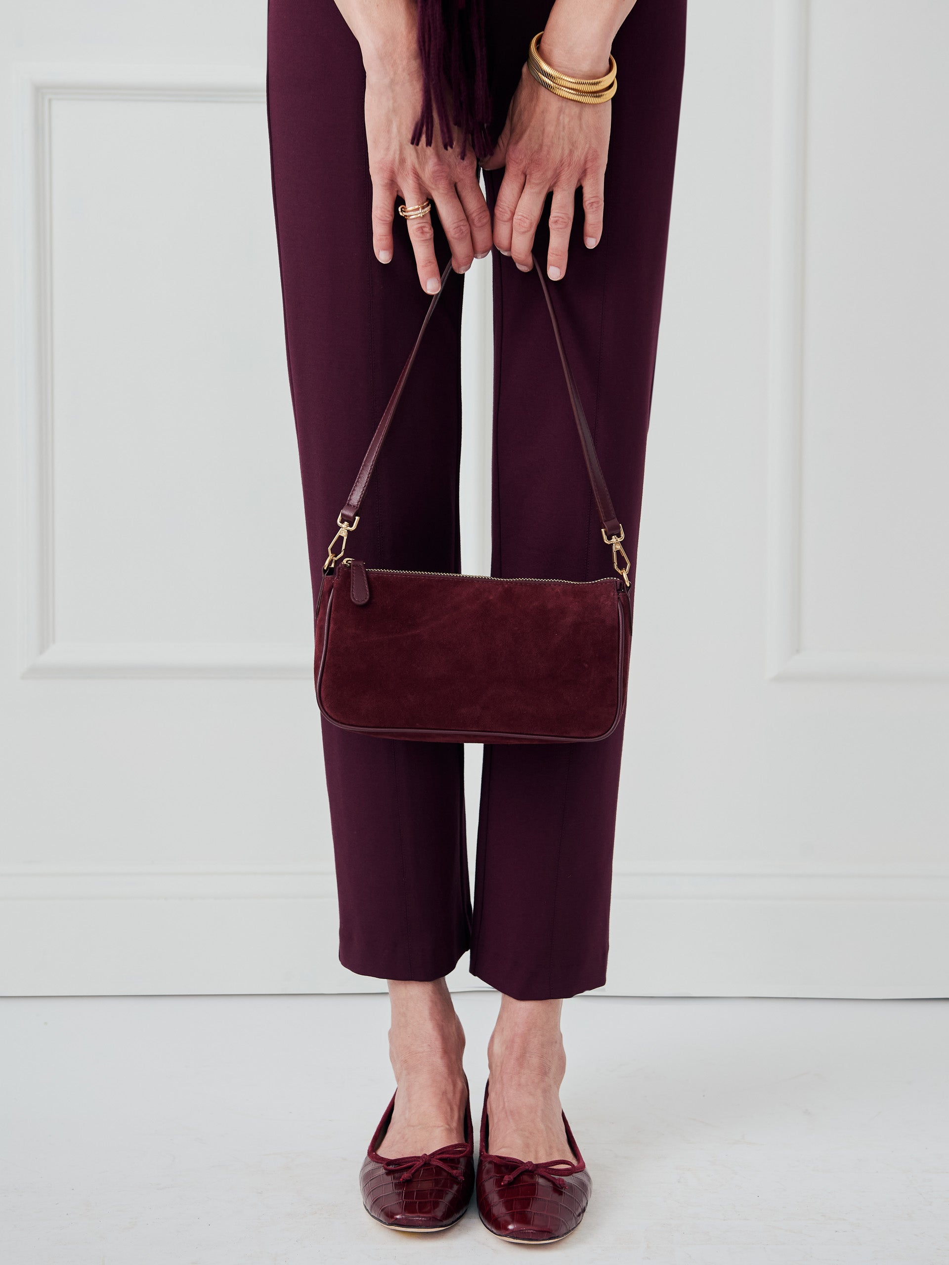 J.McLaughlin Malaika bag in merlot made with suede. 